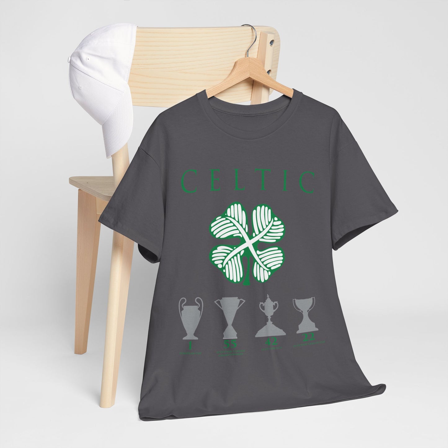 Celtic Clover & Trophies Unisex Heavy Cotton T-Shirt - Irish Green/Black/White/Gold/Sport Grey/Charcoal/Military Green/Forest Green