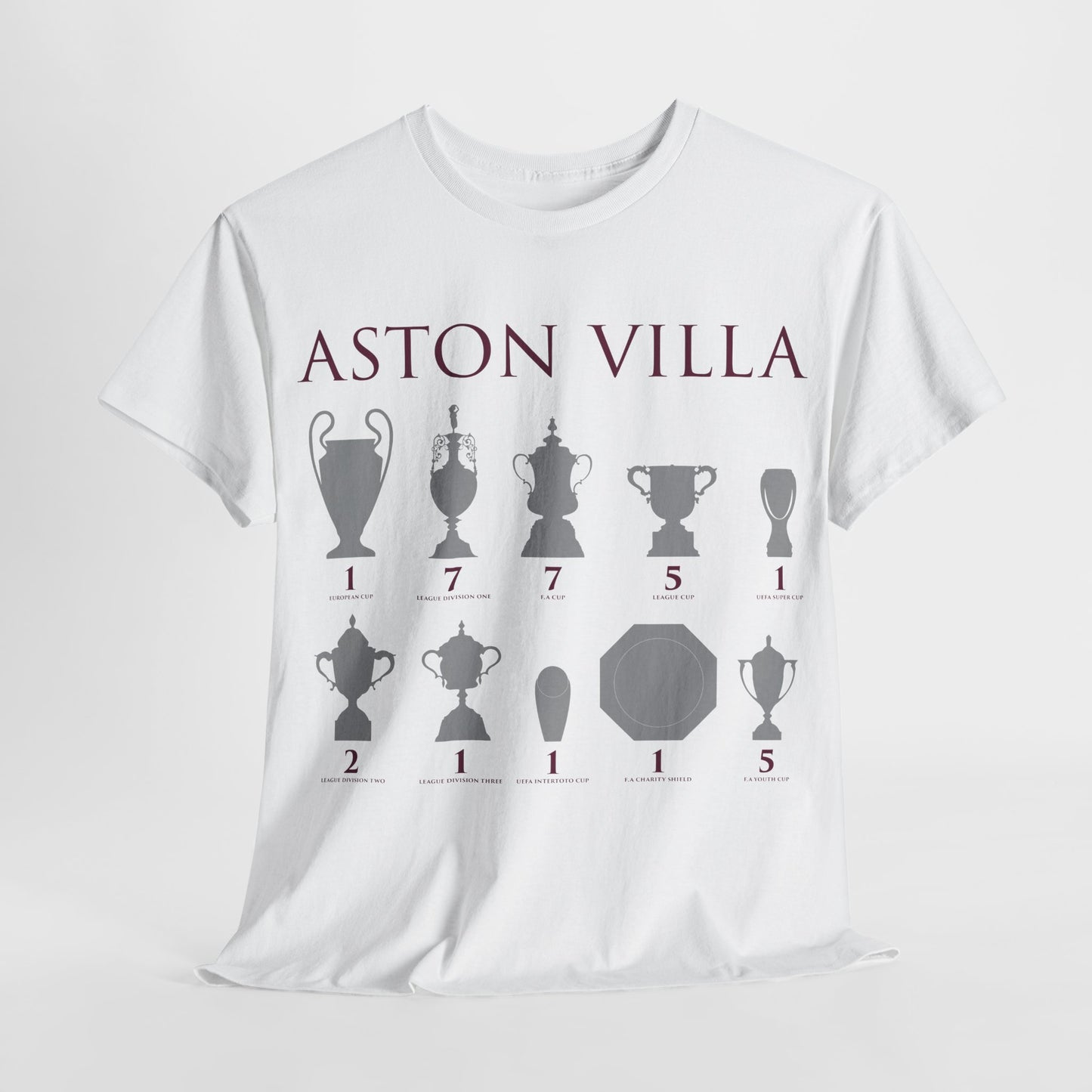 Aston Villa Trophies Unisex Heavy Cotton T-Shirt - Maroon/White/Light Blue