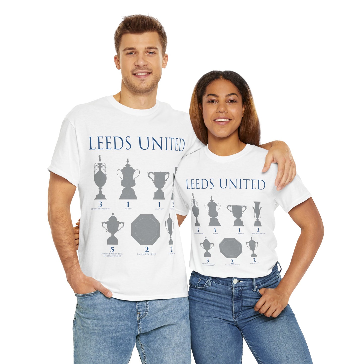 Leeds United Trophies Unisex Heavy Cotton T-Shirt - White/Black/Gold/Royal/Navy