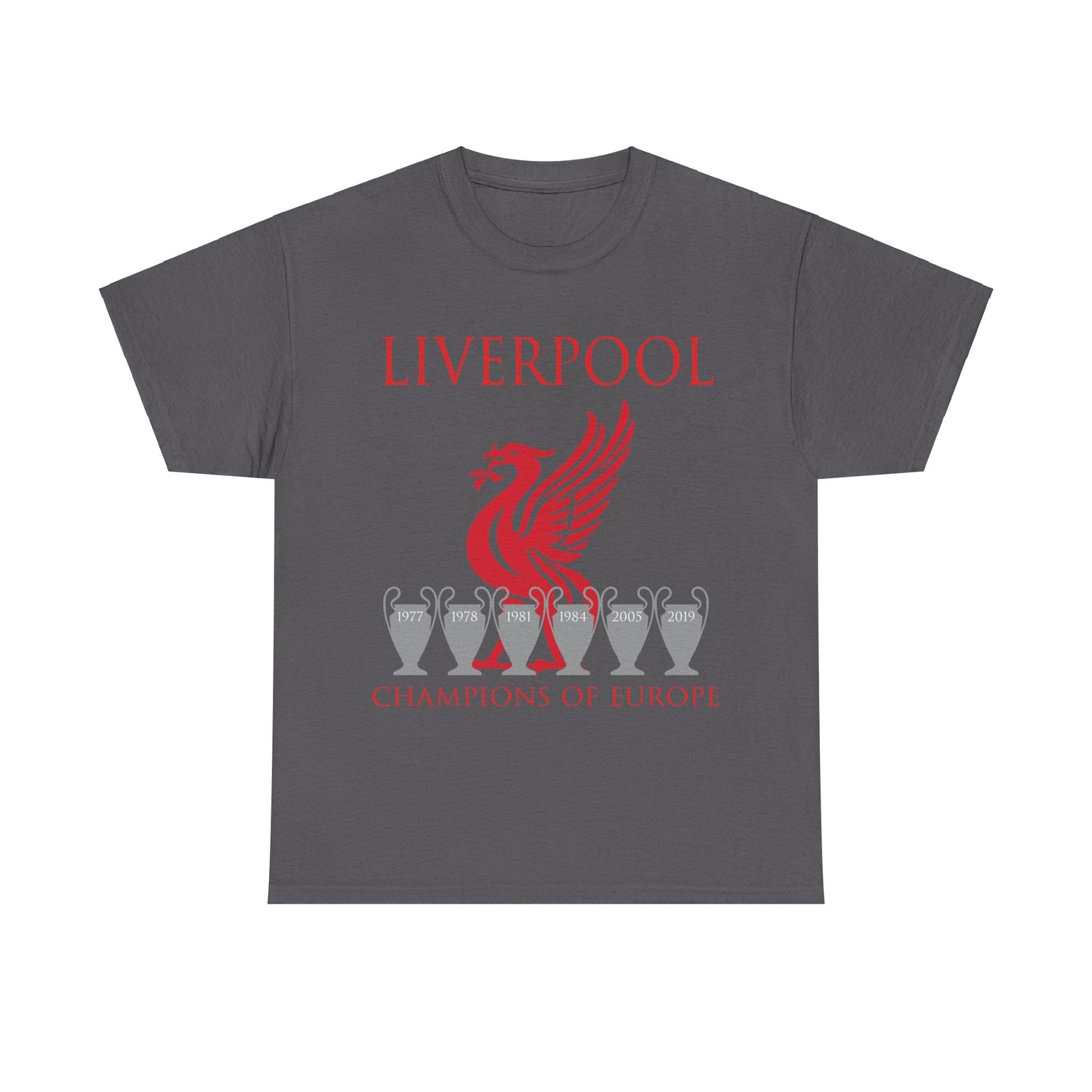 Liverpool Champions of Europe Unisex Heavy Cotton T-Shirt - Red/White/Black/Gold/Sport Grey/Charcoal