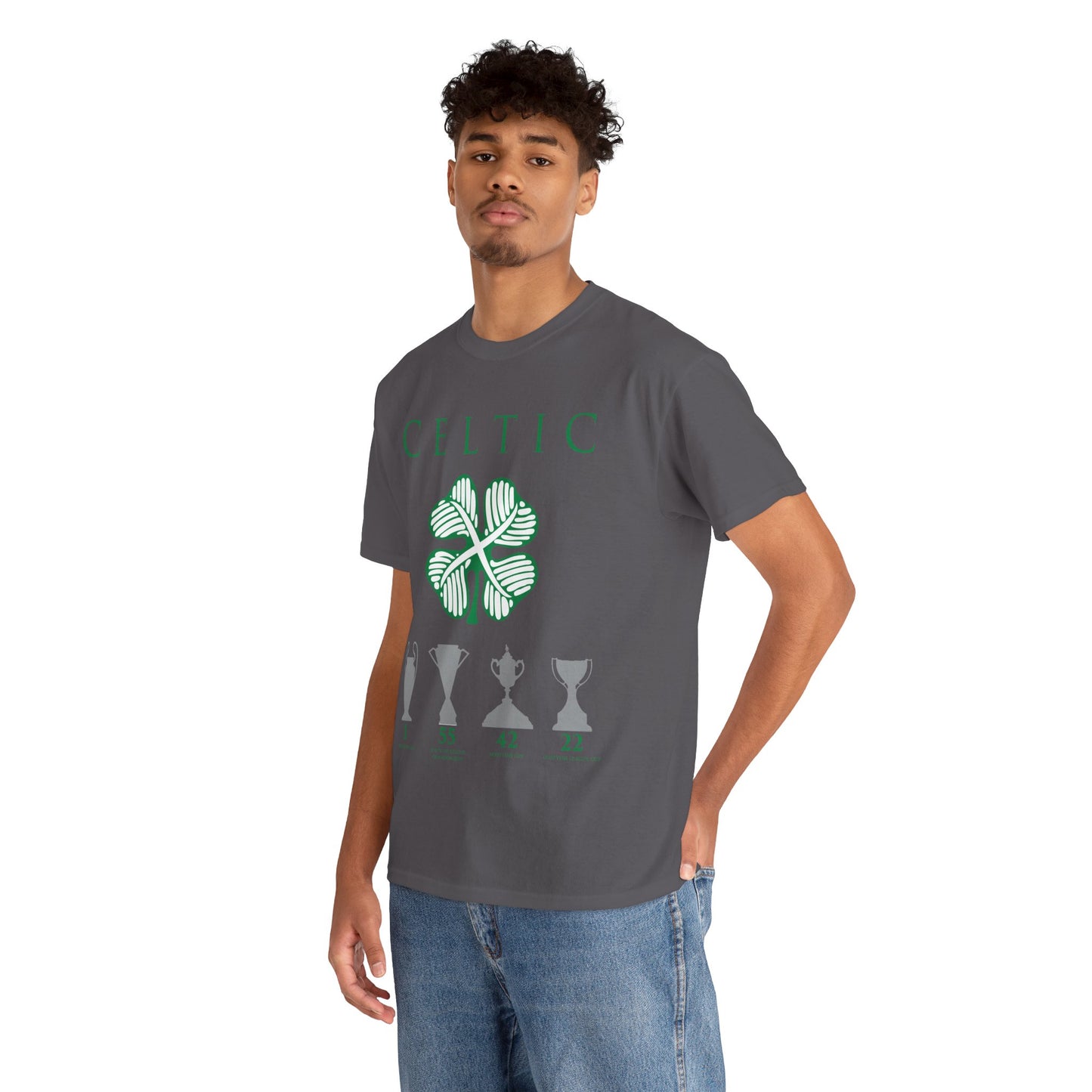 Celtic Clover & Trophies Unisex Heavy Cotton T-Shirt - Irish Green/Black/White/Gold/Sport Grey/Charcoal/Military Green/Forest Green