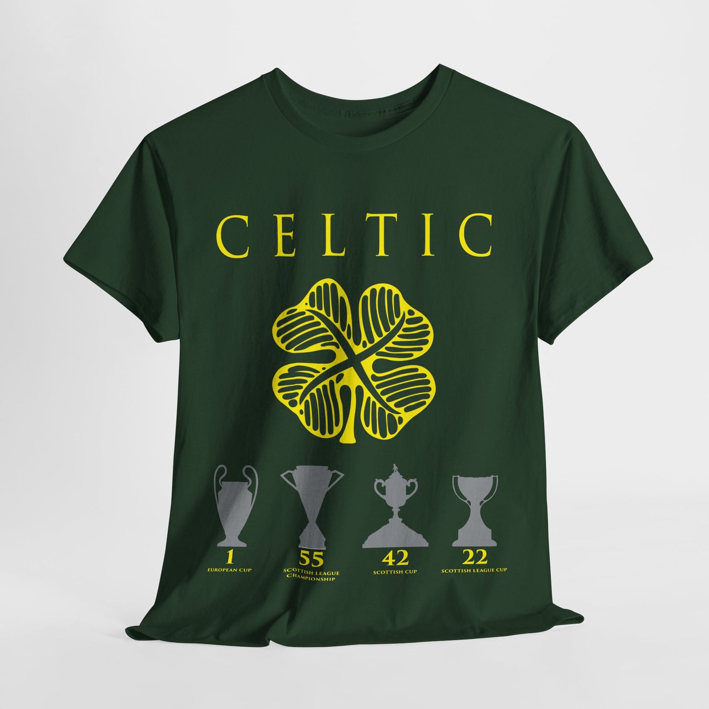 Celtic Clover & Trophies Unisex Heavy Cotton T-Shirt - Irish Green/Black/White/Gold/Sport Grey/Charcoal/Military Green/Forest Green
