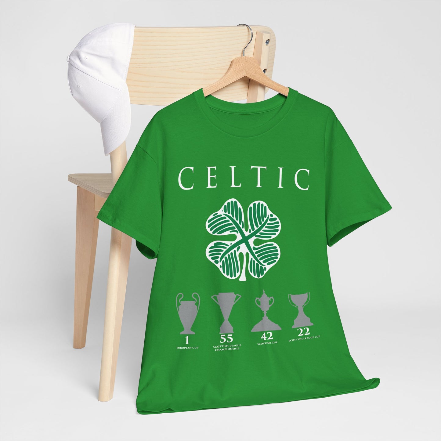 Celtic Clover & Trophies Unisex Heavy Cotton T-Shirt - Irish Green/Black/White/Gold/Sport Grey/Charcoal/Military Green/Forest Green
