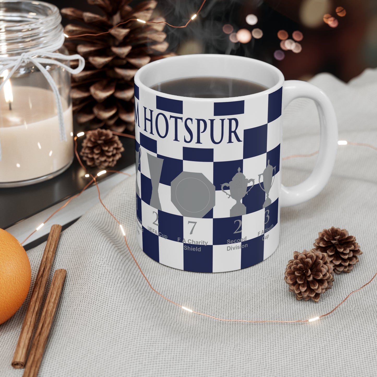 Tottenham Hotspur Blue & White Chequered Trophies Mug - Blue Header Text