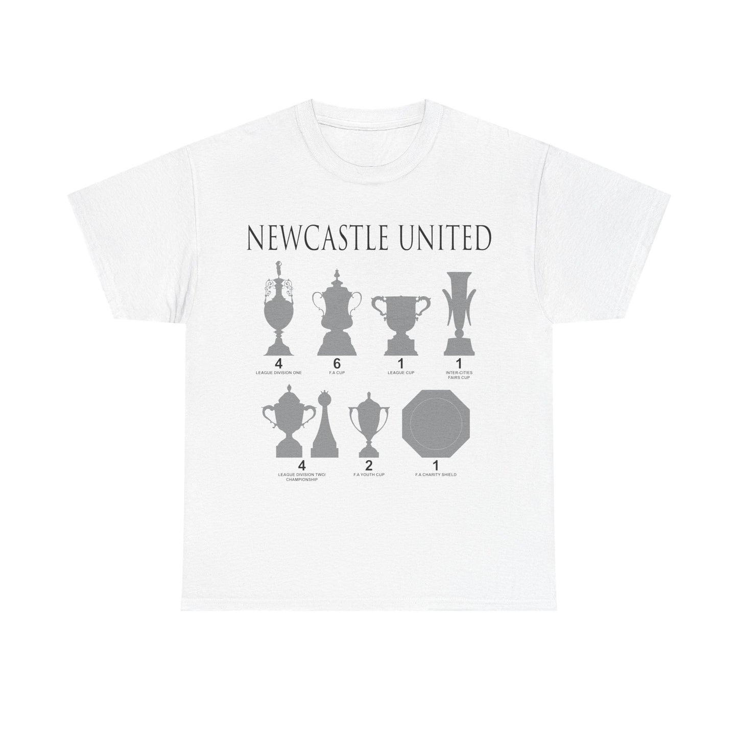 Newcastle United Trophies Unisex Heavy Cotton T-Shirt UPDATED - Black/White/Sport Grey/Charcoal