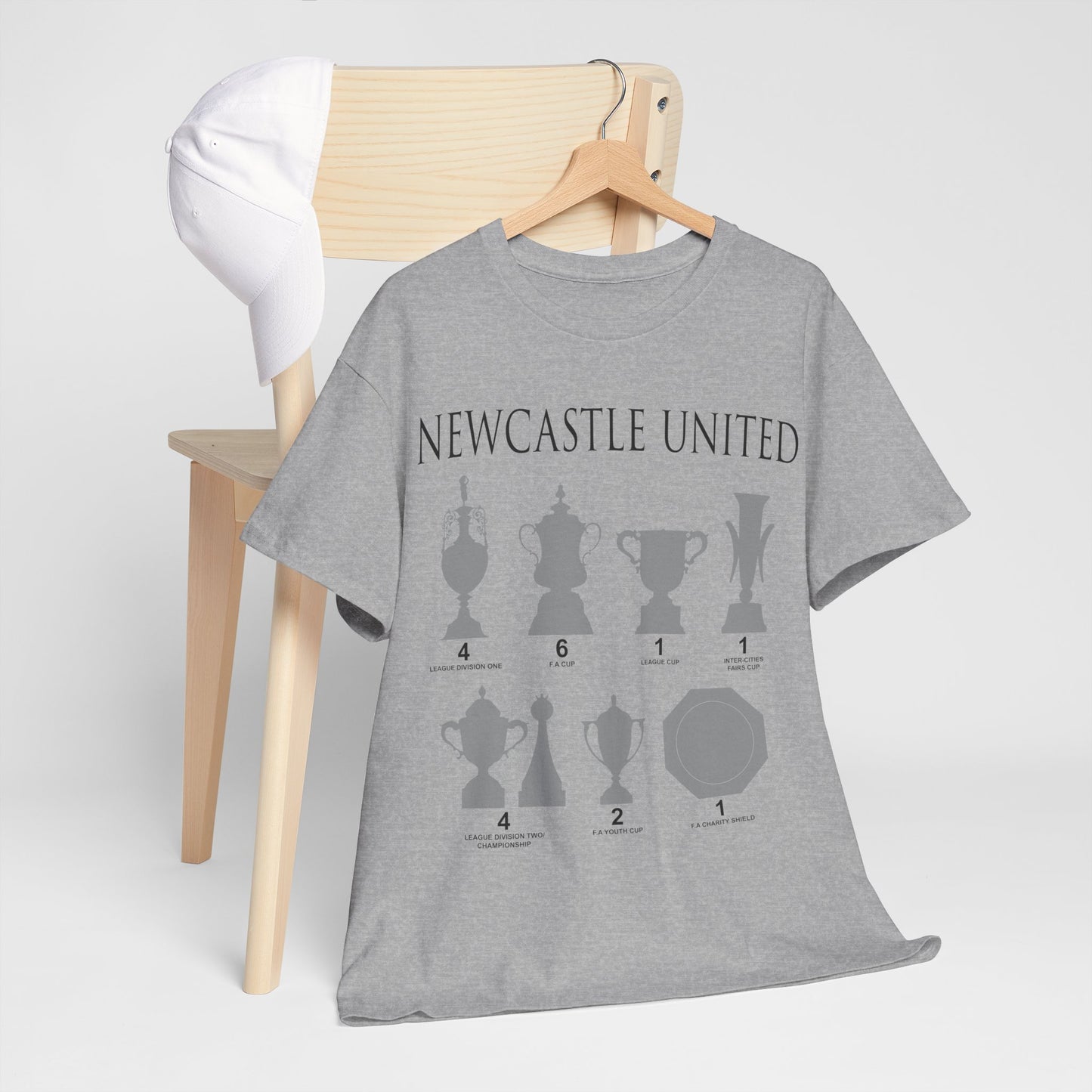 Newcastle United Trophies Unisex Heavy Cotton T-Shirt UPDATED - Black/White/Sport Grey/Charcoal