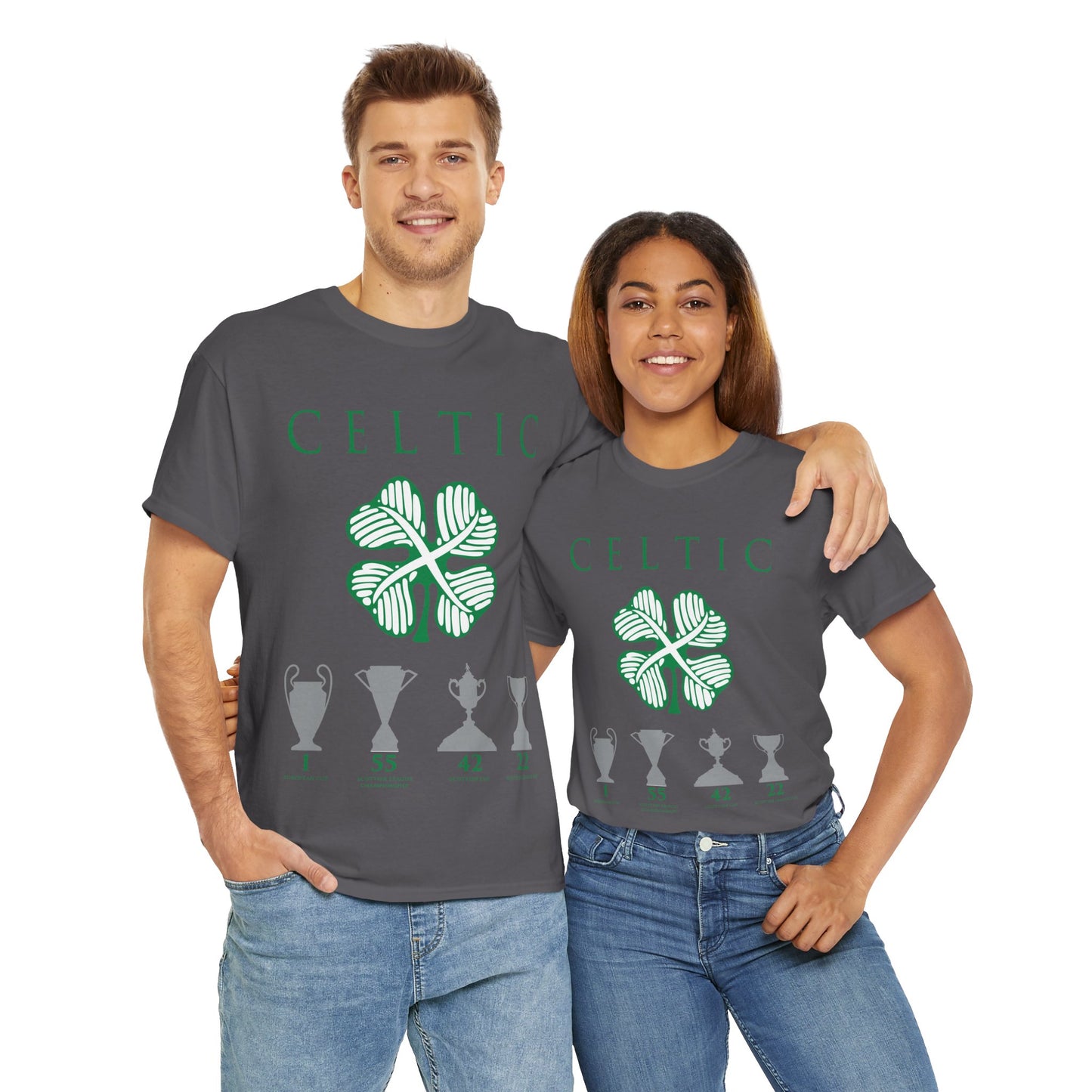Celtic Clover & Trophies Unisex Heavy Cotton T-Shirt - Irish Green/Black/White/Gold/Sport Grey/Charcoal/Military Green/Forest Green