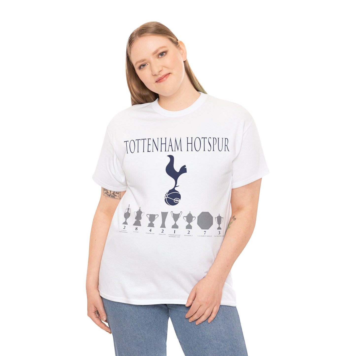 Tottenham Hotspur Cockerel & Trophies Unisex Heavy Cotton T-Shirt - Navy/White/Black/Gold/Light Blue/Royal