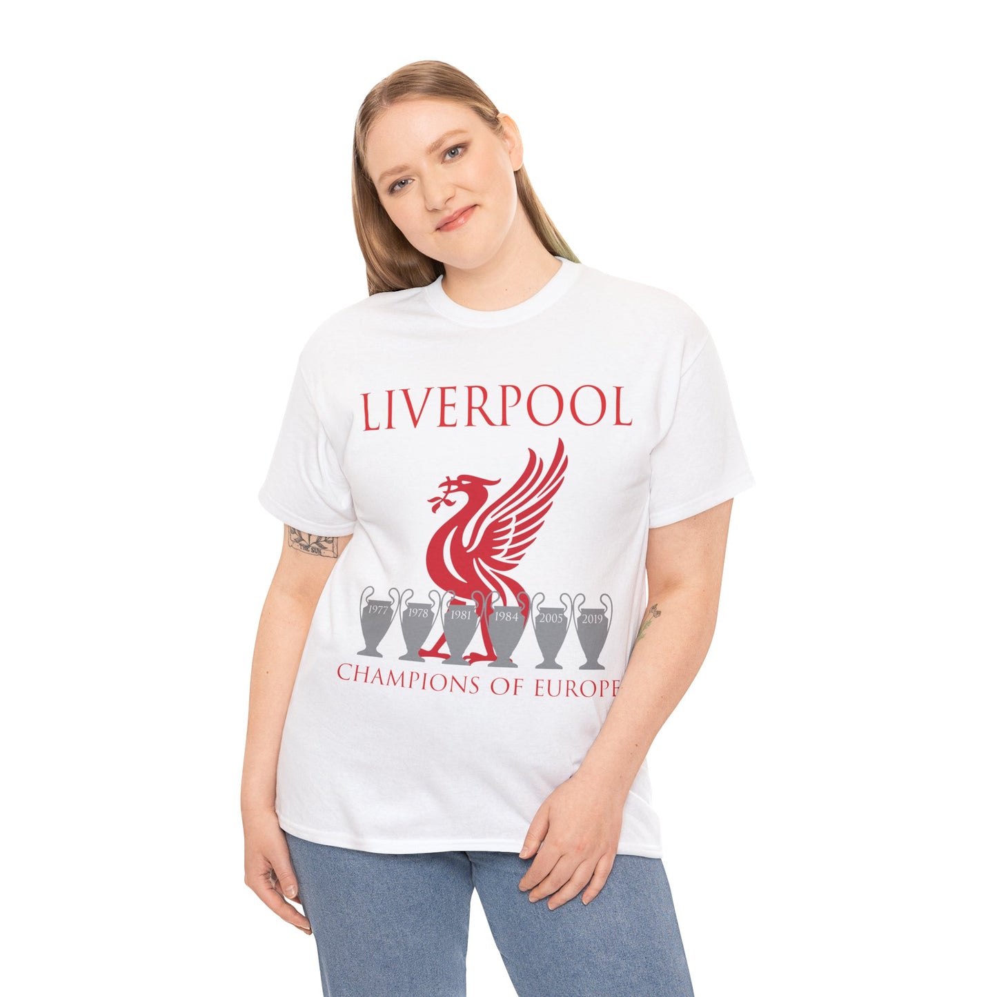 Liverpool Champions of Europe Unisex Heavy Cotton T-Shirt - Red/White/Black/Gold/Sport Grey/Charcoal