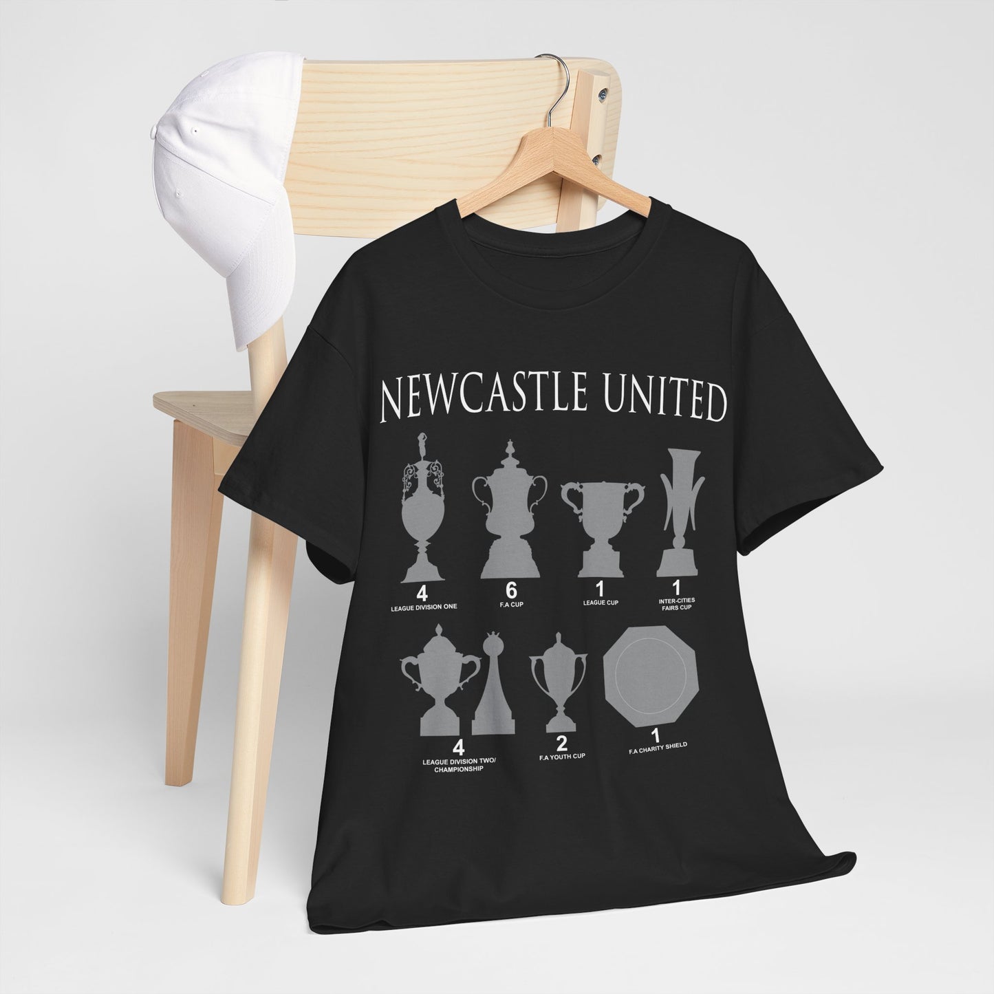 Newcastle United Trophies Unisex Heavy Cotton T-Shirt UPDATED - Black/White/Sport Grey/Charcoal