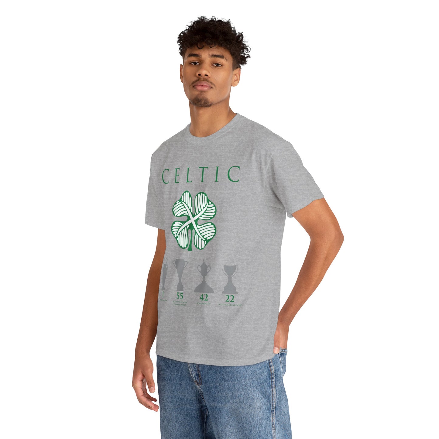 Celtic Clover & Trophies Unisex Heavy Cotton T-Shirt - Irish Green/Black/White/Gold/Sport Grey/Charcoal/Military Green/Forest Green