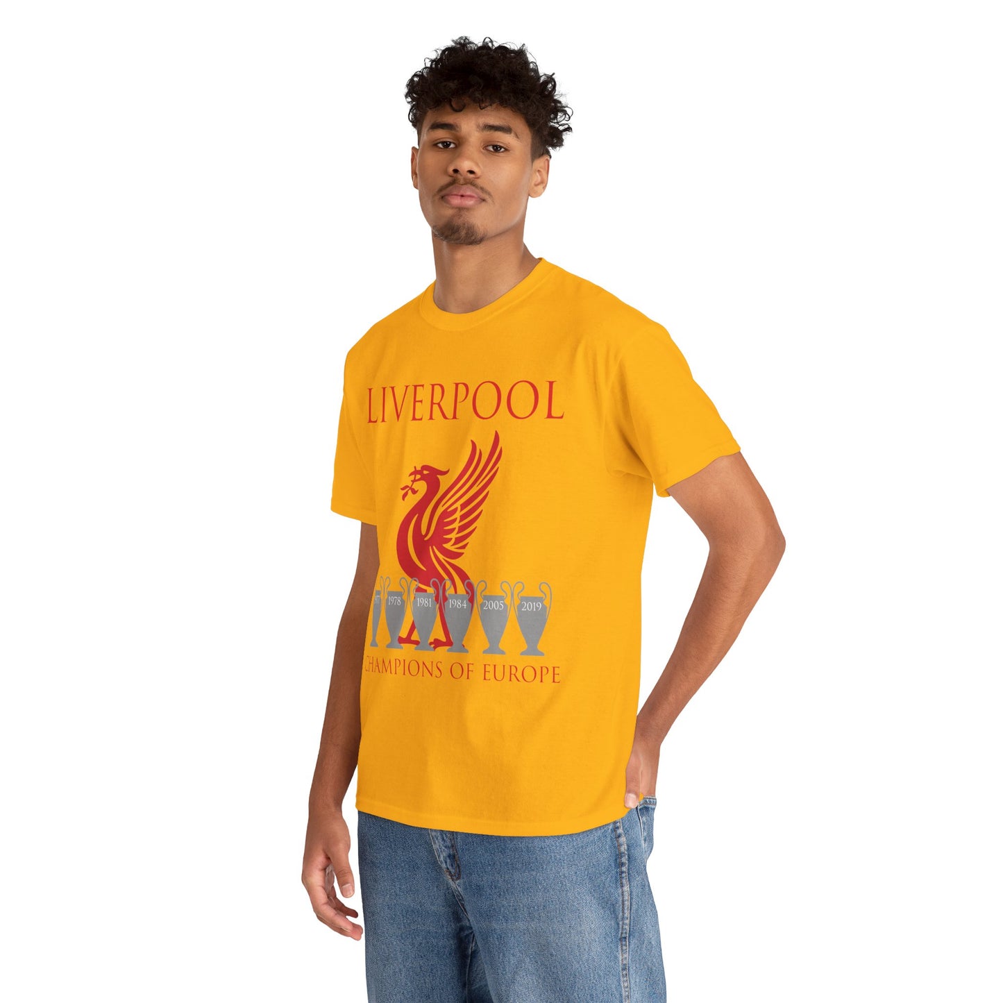 Liverpool Champions of Europe Unisex Heavy Cotton T-Shirt - Red/White/Black/Gold/Sport Grey/Charcoal