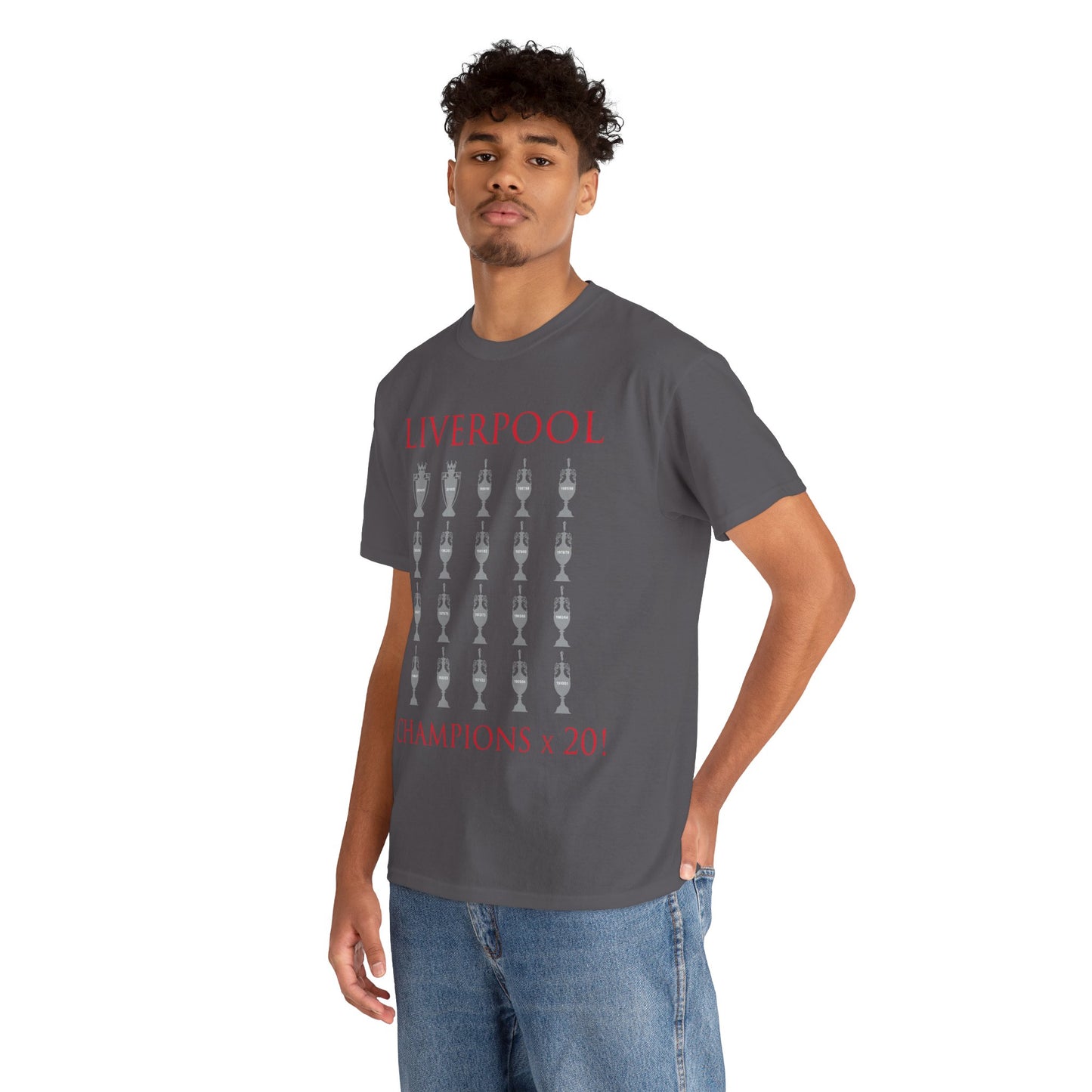 Liverpool 20 Champions Unisex Heavy Cotton T-Shirt - Red/White/Black/Charcoal/Gold