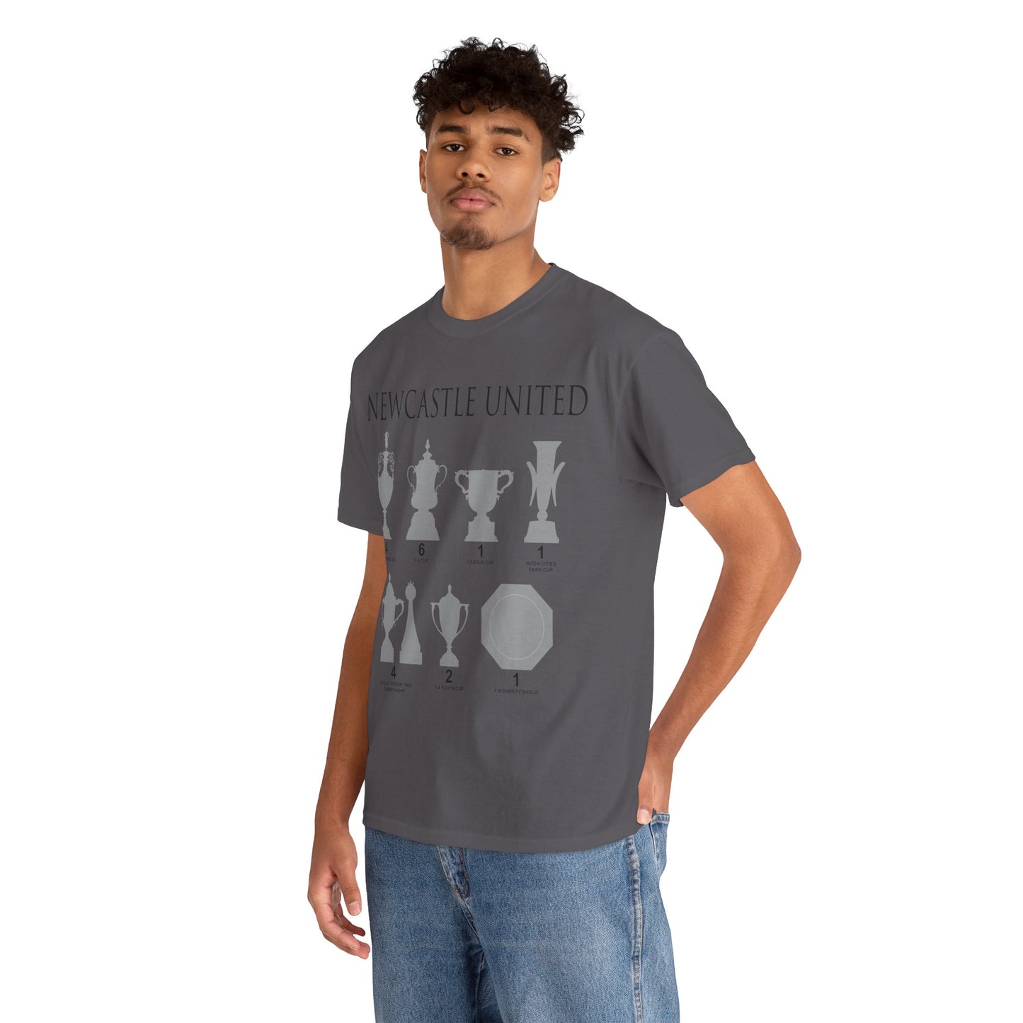 Newcastle United Trophies Unisex Heavy Cotton T-Shirt UPDATED - Black/White/Sport Grey/Charcoal