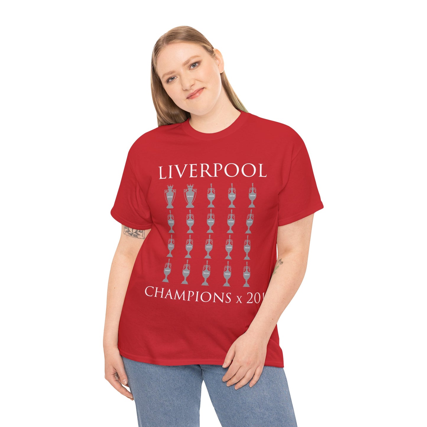 Liverpool 20 Champions Unisex Heavy Cotton T-Shirt - Red/White/Black/Charcoal/Gold