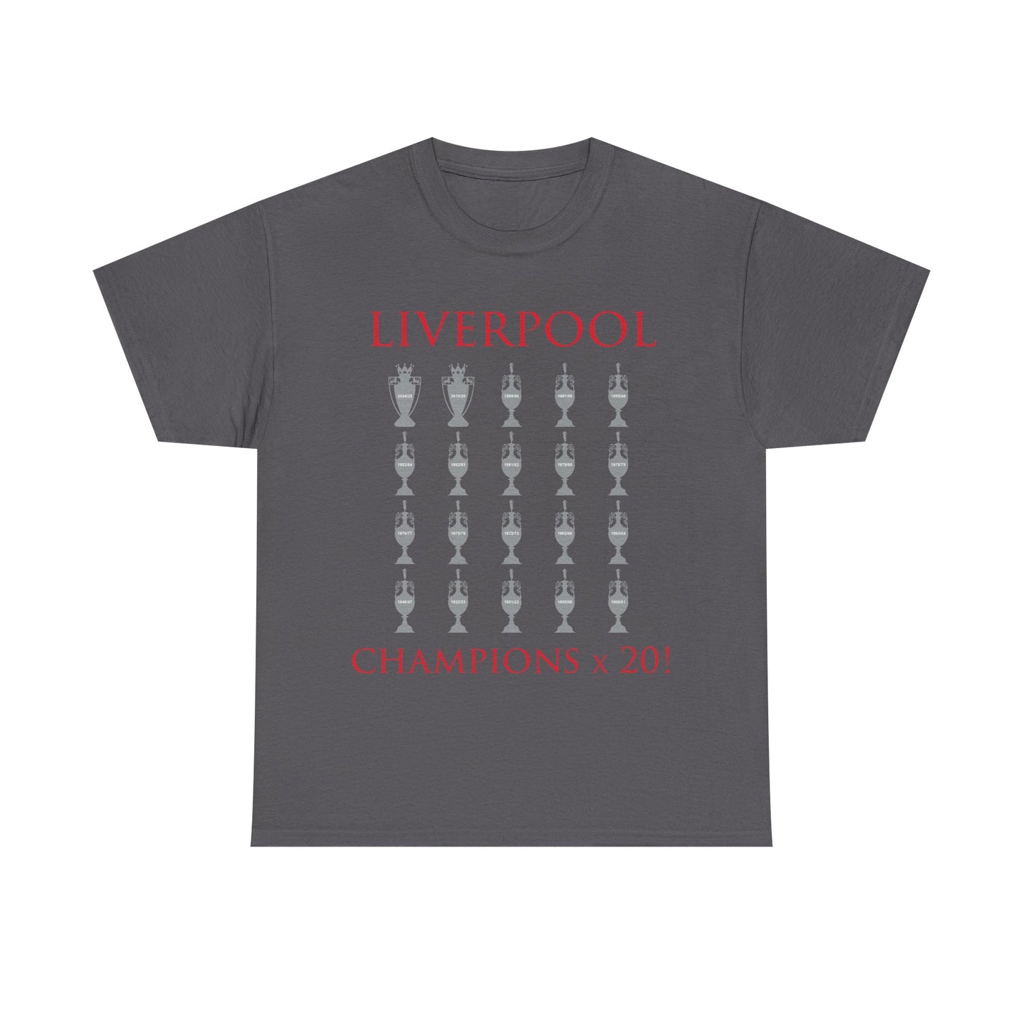 Liverpool 20 Champions Unisex Heavy Cotton T-Shirt - Red/White/Black/Charcoal/Gold