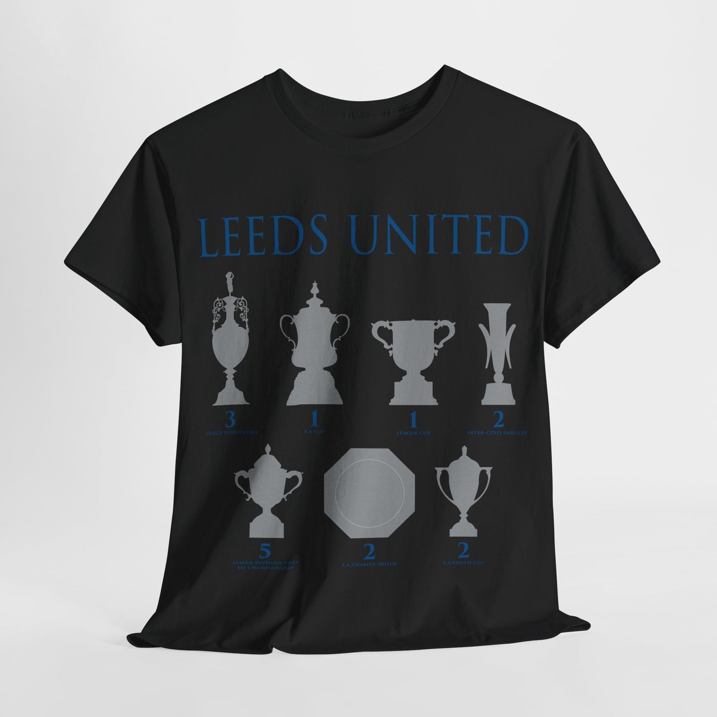 Leeds United Trophies Unisex Heavy Cotton T-Shirt - White/Black/Gold/Royal/Navy