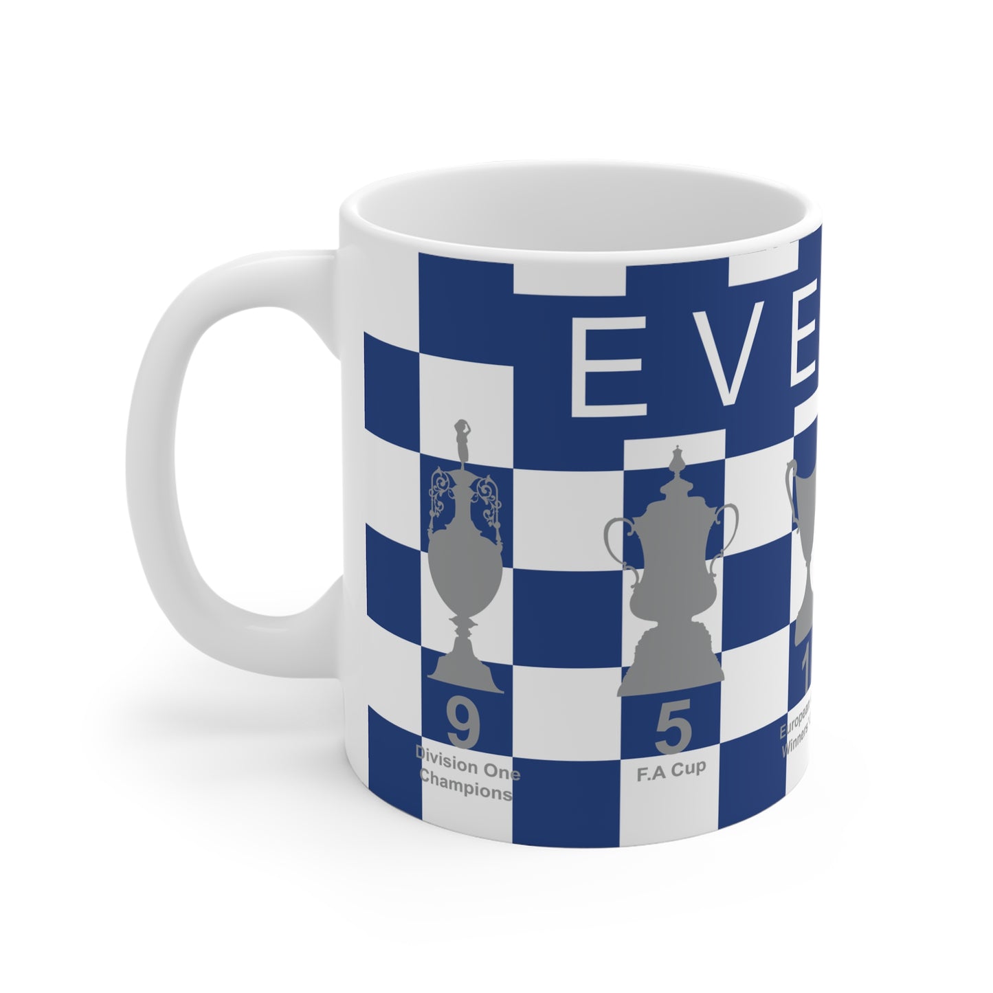 Everton Blue & White Chequered Trophies Mug - White Header Text