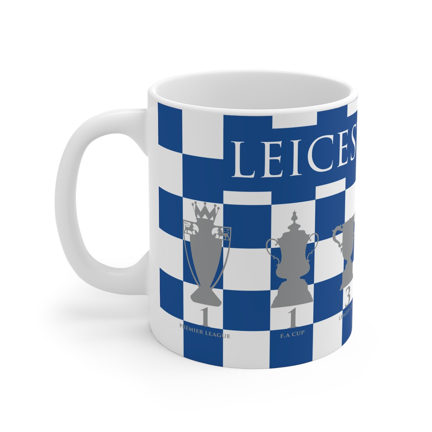 Leicester City Blue & White Chequered Trophies Mug - White Header Text