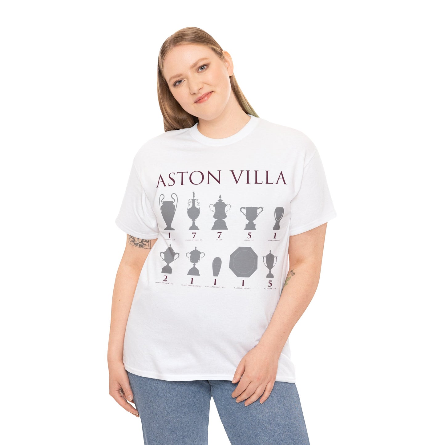 Aston Villa Trophies Unisex Heavy Cotton T-Shirt - Maroon/White/Light Blue