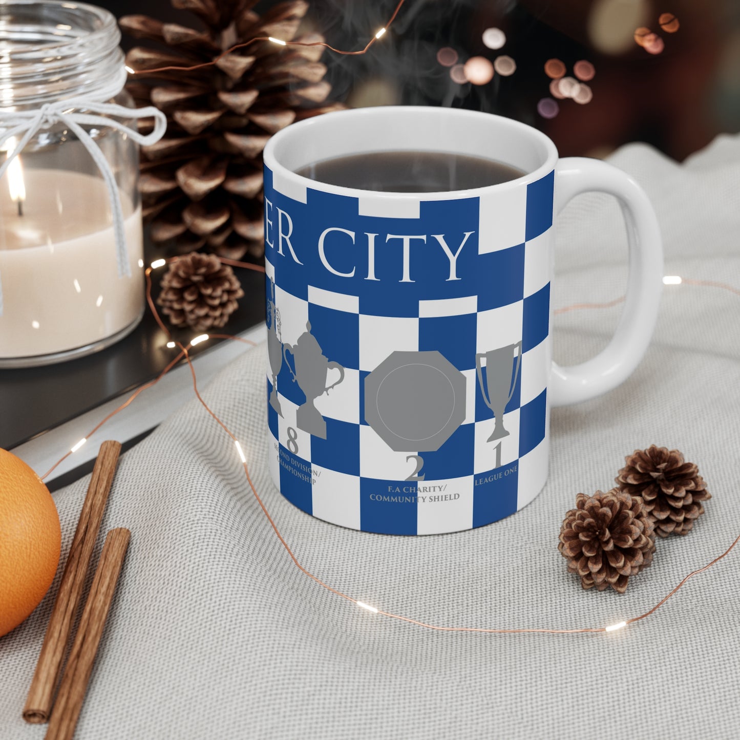 Leicester City Blue & White Chequered Trophies Mug - White Header Text