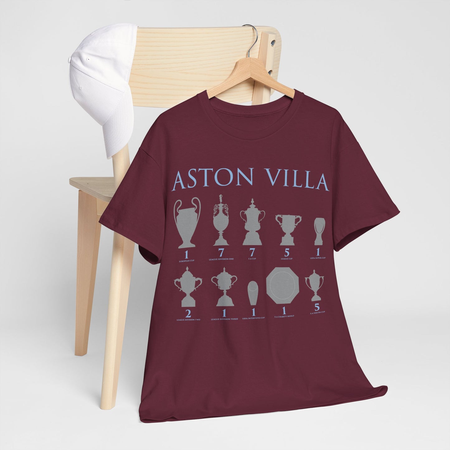 Aston Villa Trophies Unisex Heavy Cotton T-Shirt - Maroon/White/Light Blue