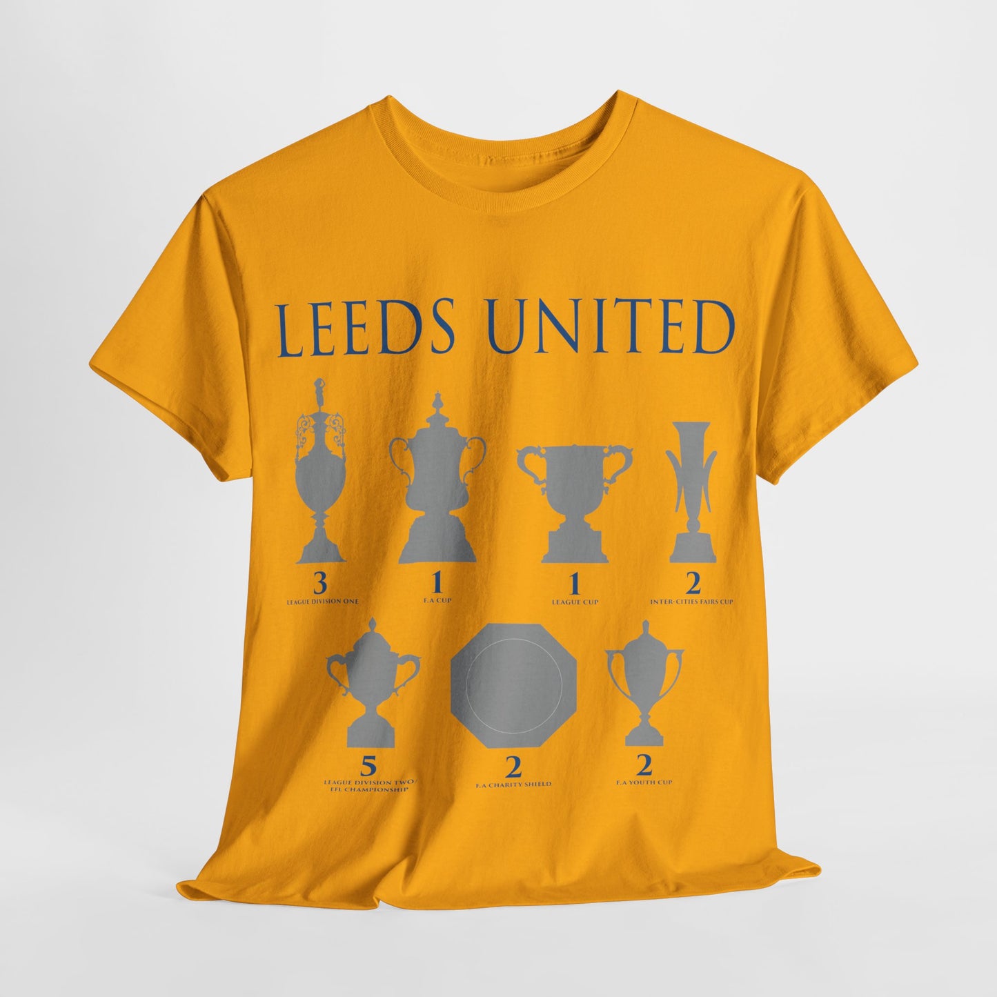 Leeds United Trophies Unisex Heavy Cotton T-Shirt - White/Black/Gold/Royal/Navy