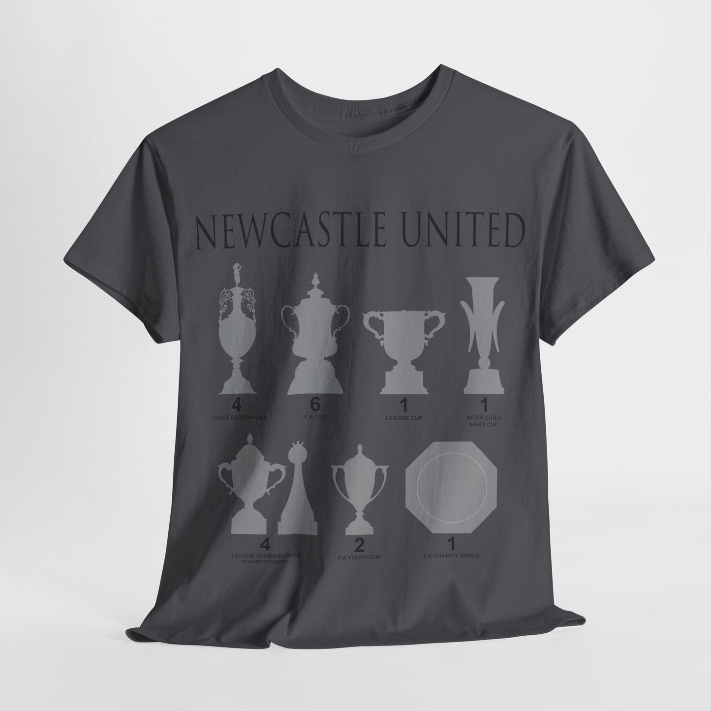 Newcastle United Trophies Unisex Heavy Cotton T-Shirt UPDATED - Black/White/Sport Grey/Charcoal