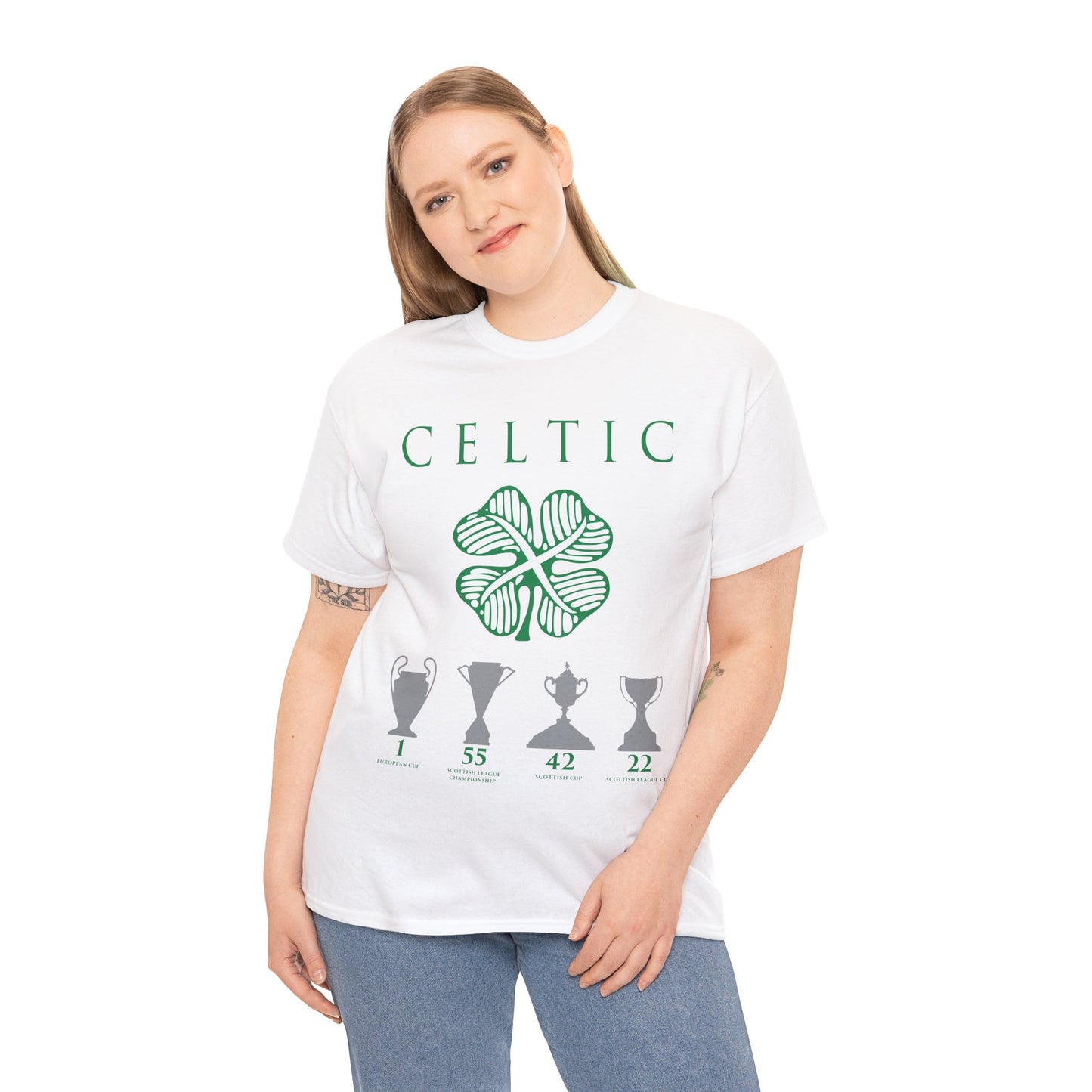 Celtic Clover & Trophies Unisex Heavy Cotton T-Shirt - Irish Green/Black/White/Gold/Sport Grey/Charcoal/Military Green/Forest Green