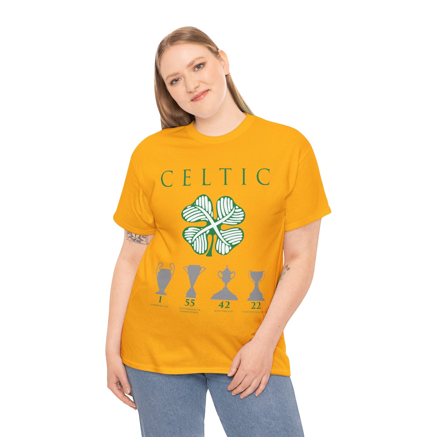 Celtic Clover & Trophies Unisex Heavy Cotton T-Shirt - Irish Green/Black/White/Gold/Sport Grey/Charcoal/Military Green/Forest Green