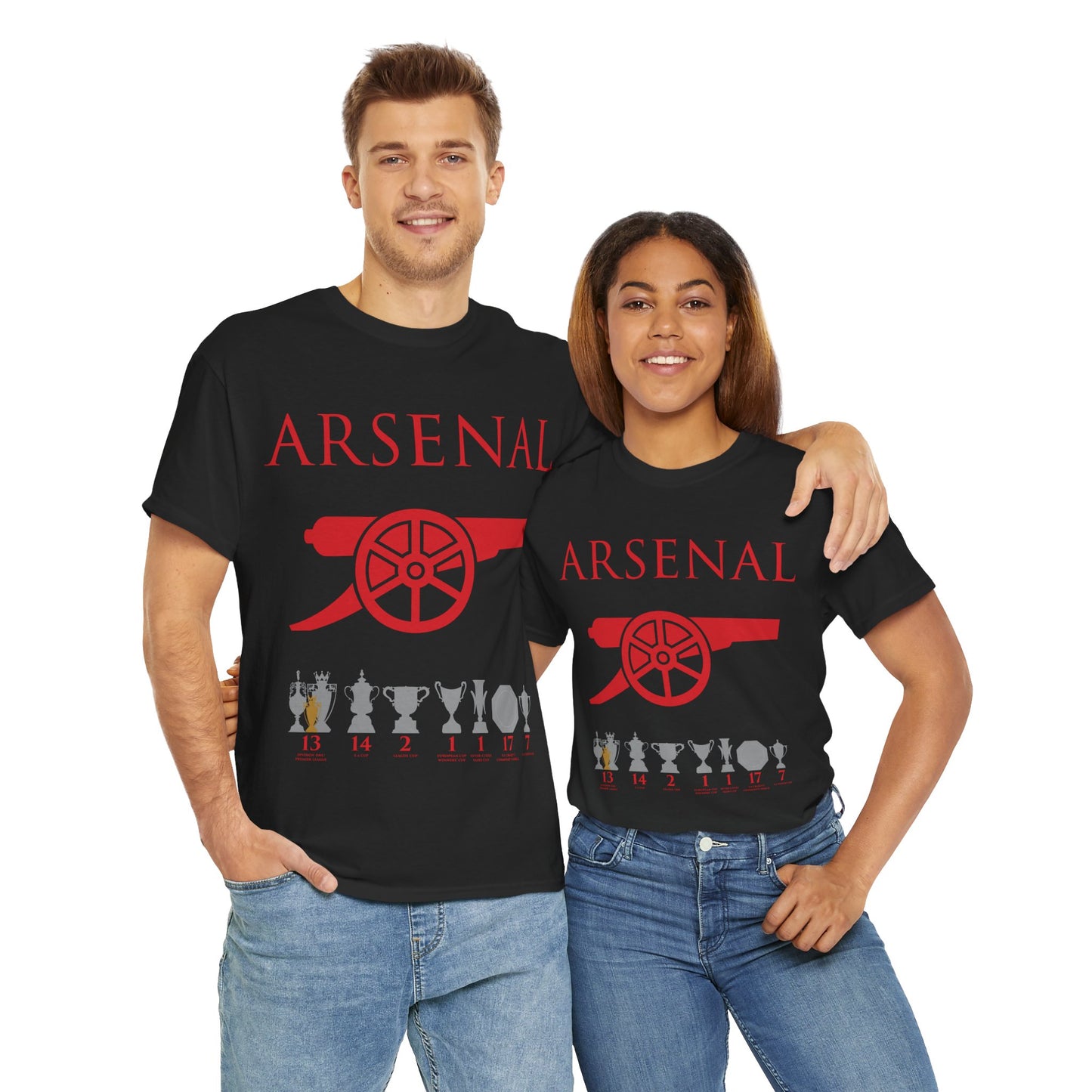 Arsenal Cannon & Trophies Unisex Heavy Cotton T-Shirt - Red/White/Black/Gold/Royal