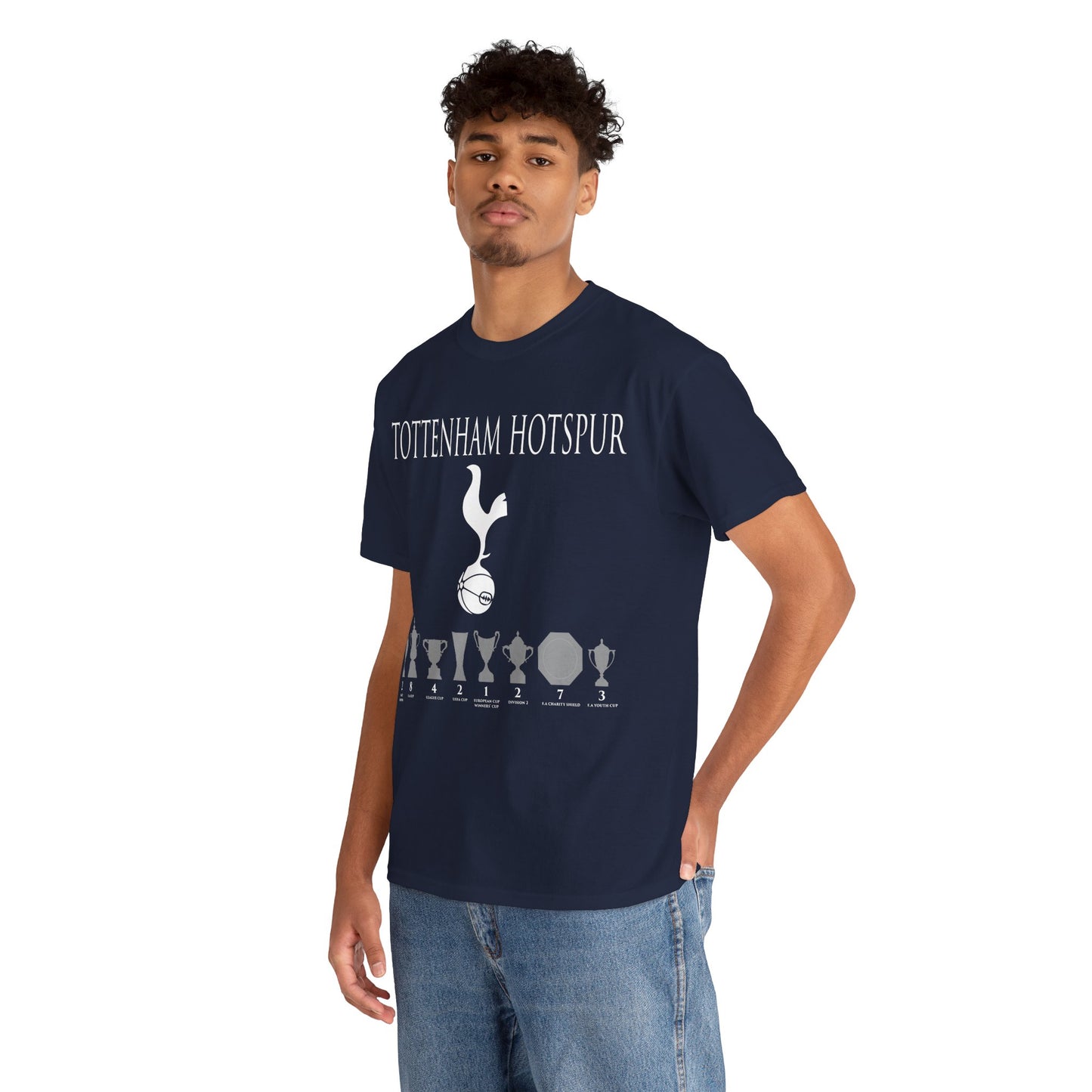 Tottenham Hotspur Cockerel & Trophies Unisex Heavy Cotton T-Shirt - Navy/White/Black/Gold/Light Blue/Royal