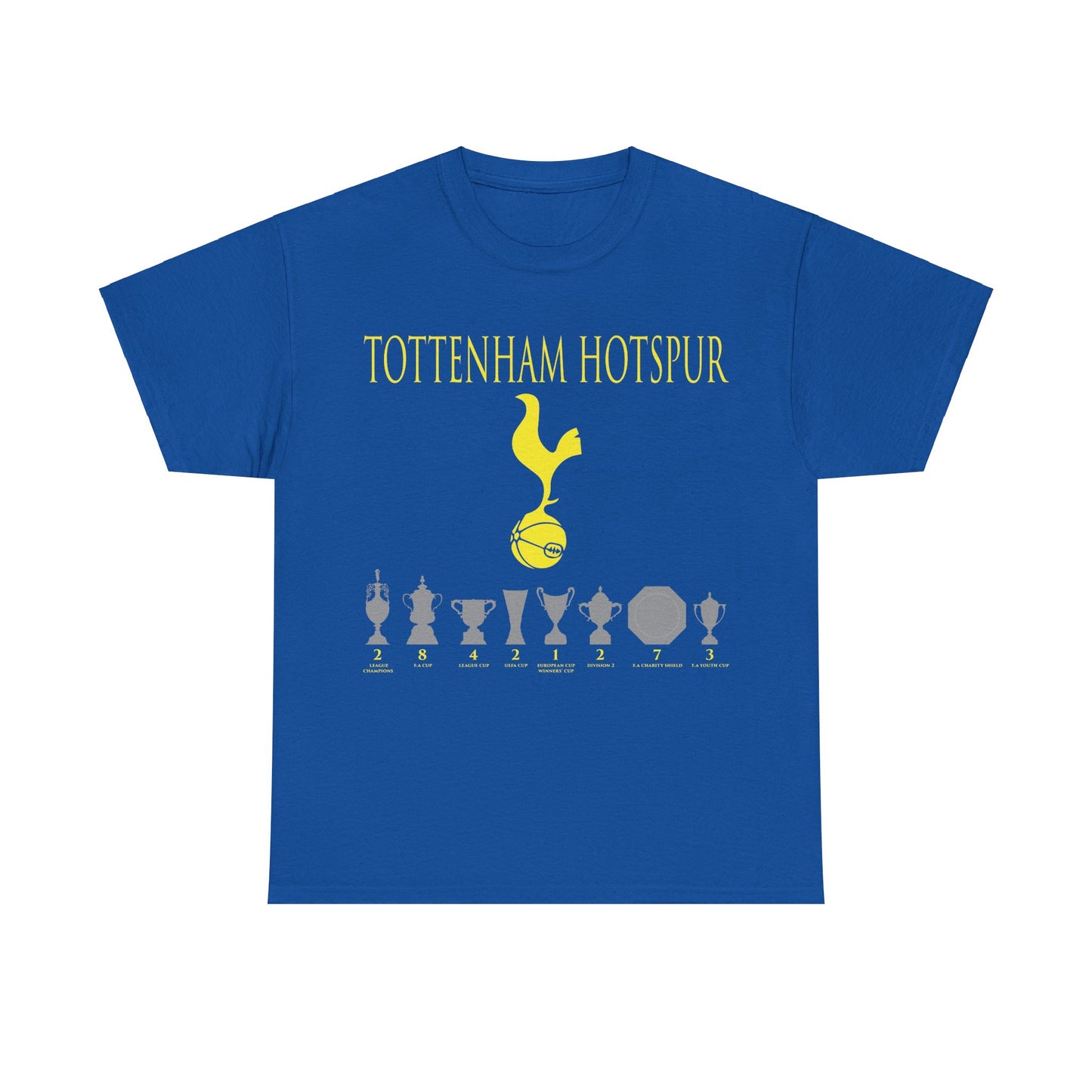 Tottenham Hotspur Cockerel & Trophies Unisex Heavy Cotton T-Shirt - Navy/White/Black/Gold/Light Blue/Royal