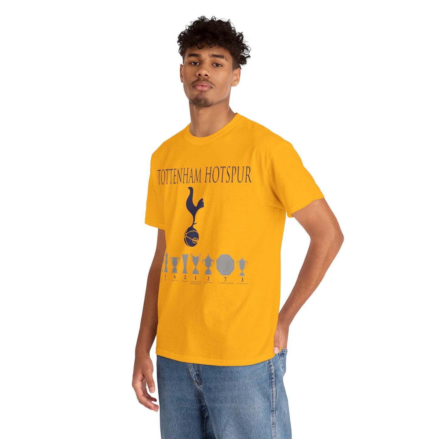 Tottenham Hotspur Cockerel & Trophies Unisex Heavy Cotton T-Shirt - Navy/White/Black/Gold/Light Blue/Royal
