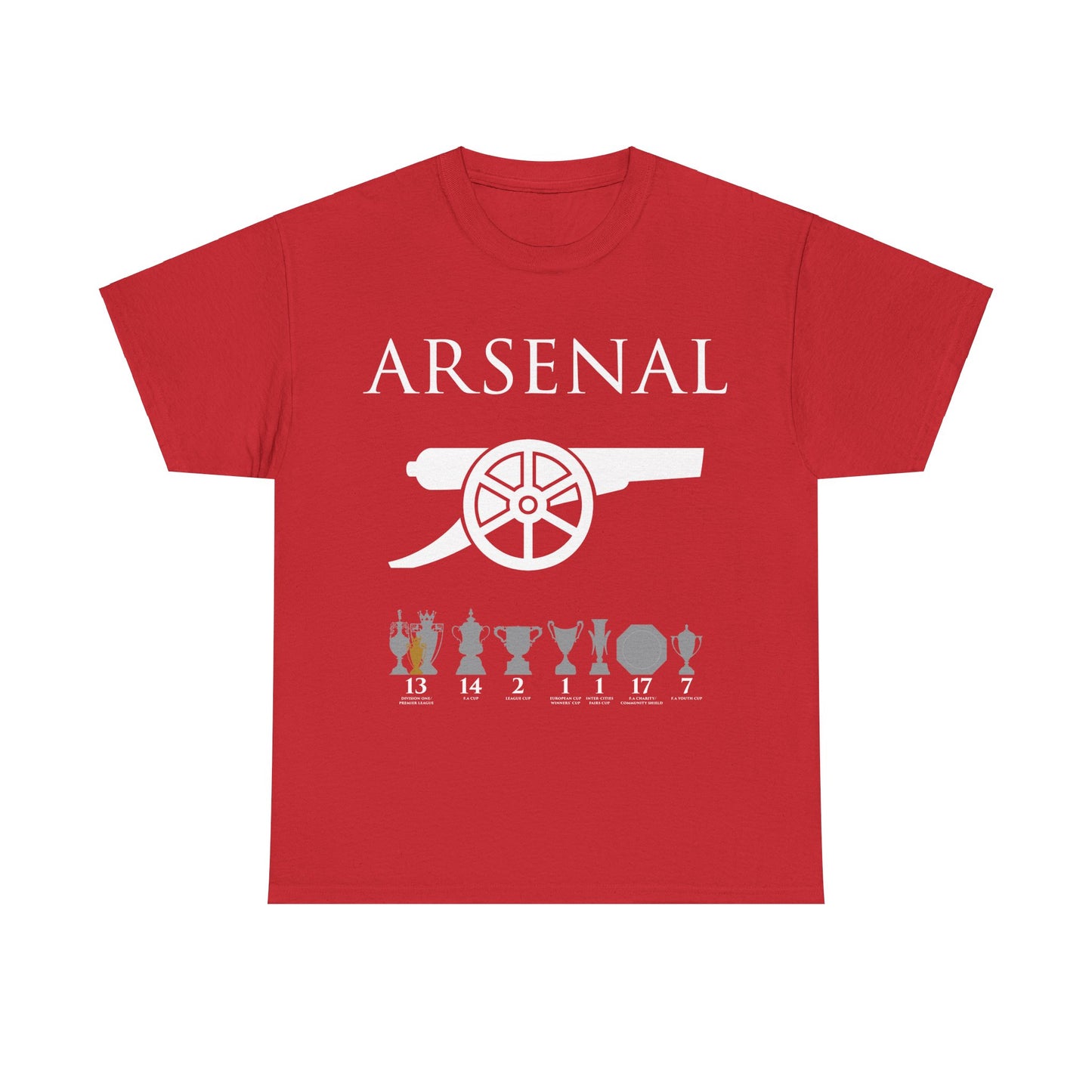Arsenal Cannon & Trophies Unisex Heavy Cotton T-Shirt - Red/White/Black/Gold/Royal