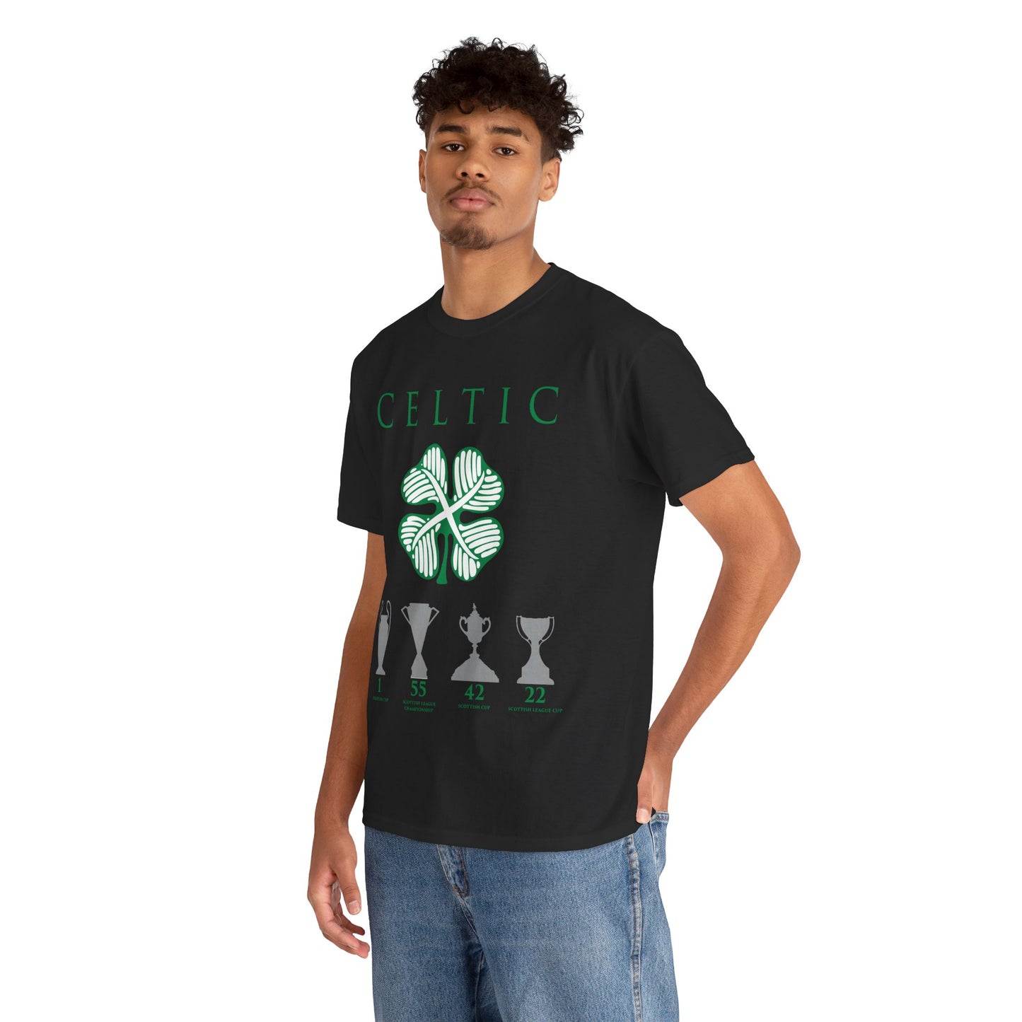 Celtic Clover & Trophies Unisex Heavy Cotton T-Shirt - Irish Green/Black/White/Gold/Sport Grey/Charcoal/Military Green/Forest Green
