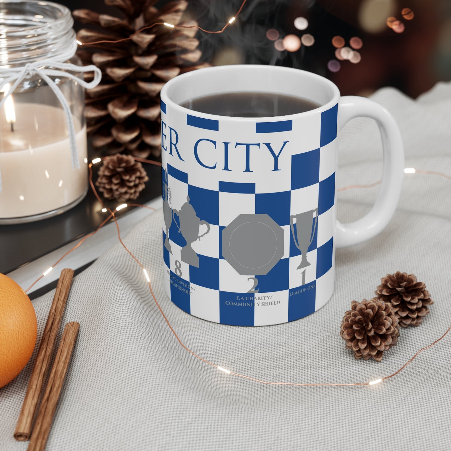 Leicester City Blue & White Chequered Trophies Mug - Blue Header Text