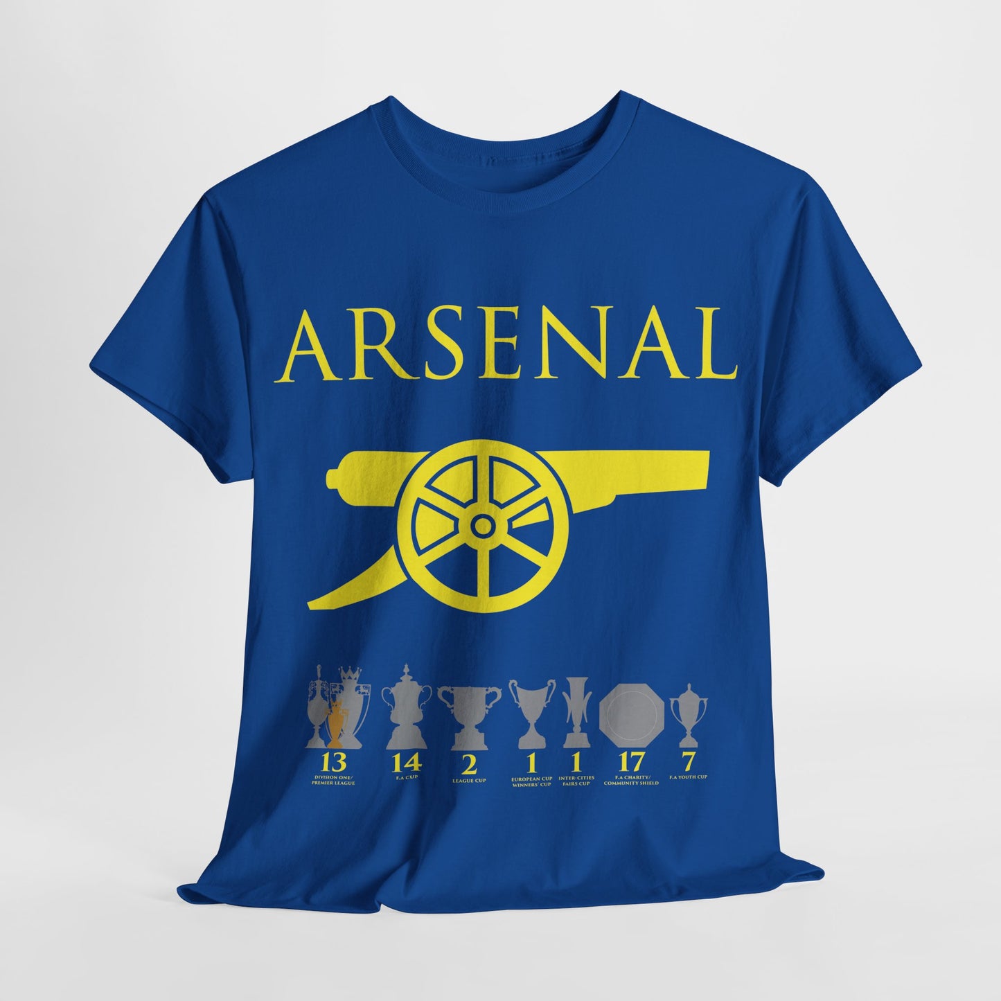 Arsenal Cannon & Trophies Unisex Heavy Cotton T-Shirt - Red/White/Black/Gold/Royal