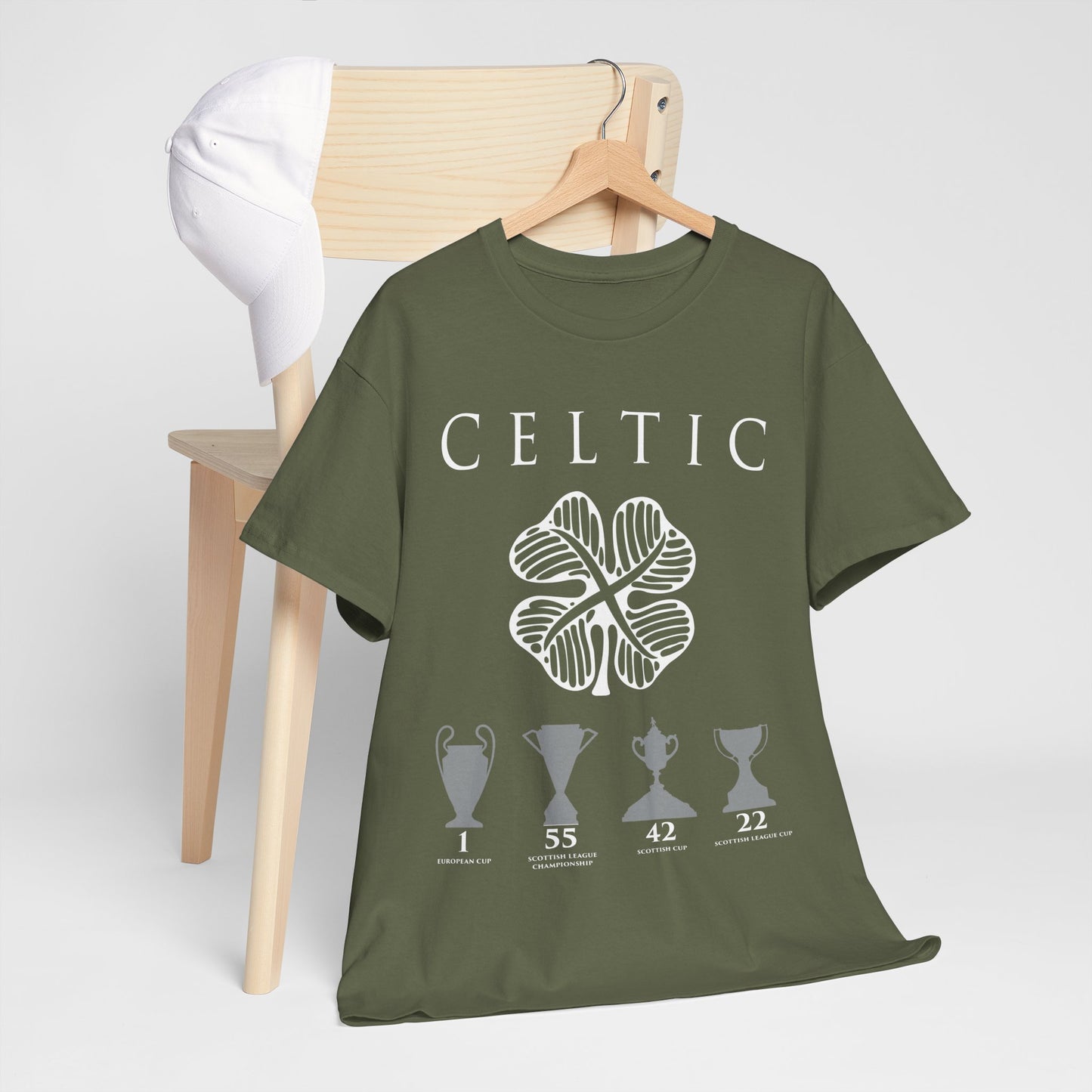 Celtic Clover & Trophies Unisex Heavy Cotton T-Shirt - Irish Green/Black/White/Gold/Sport Grey/Charcoal/Military Green/Forest Green
