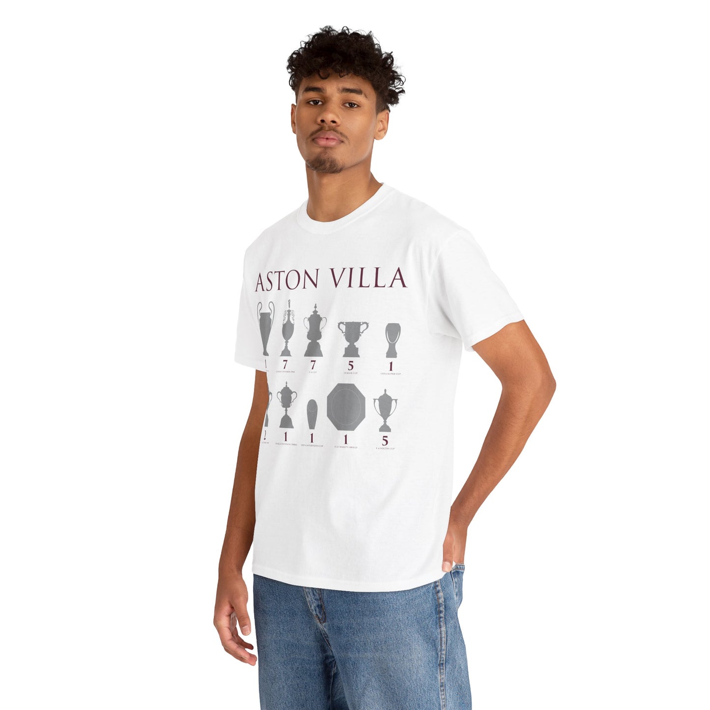 Aston Villa Trophies Unisex Heavy Cotton T-Shirt - Maroon/White/Light Blue