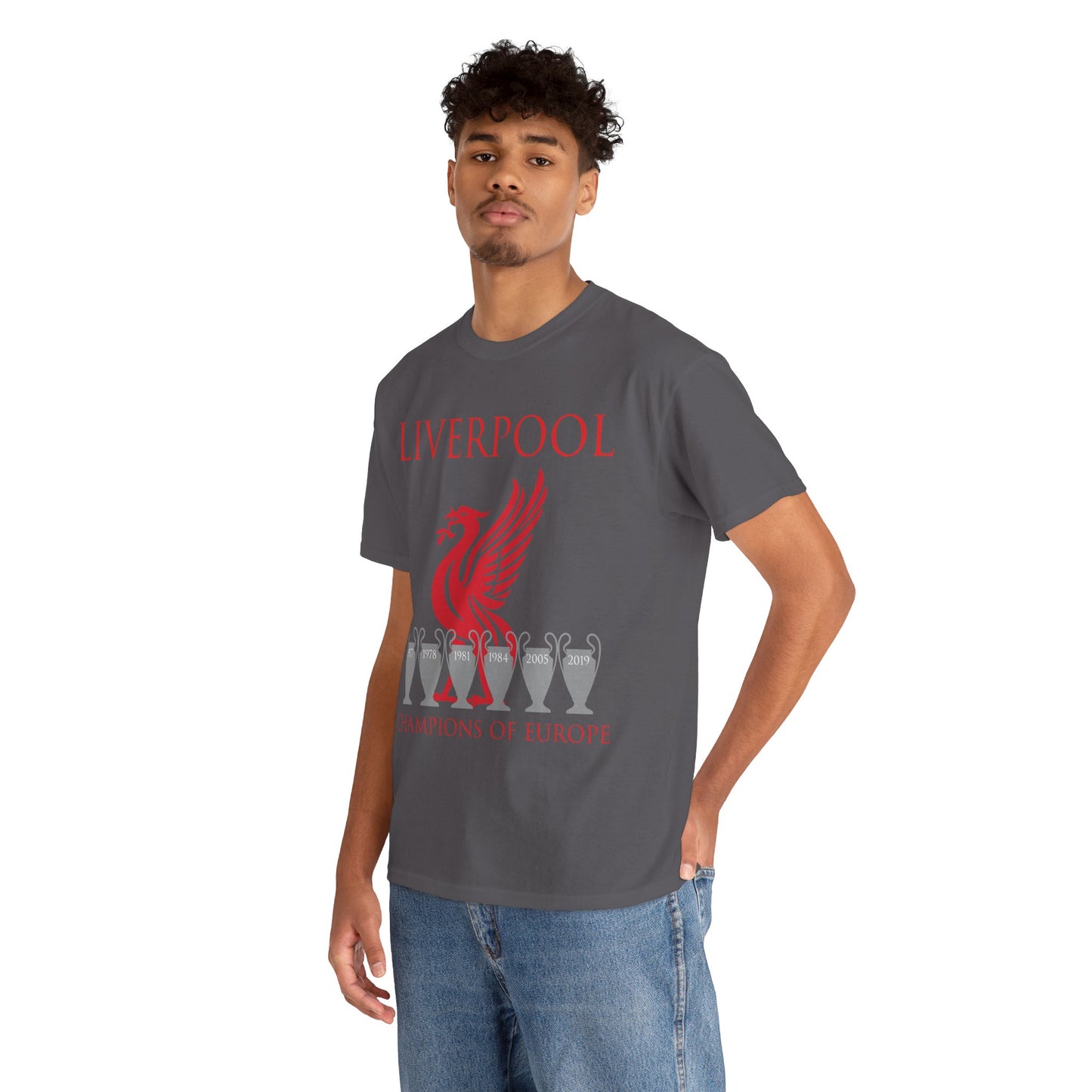 Liverpool Champions of Europe Unisex Heavy Cotton T-Shirt - Red/White/Black/Gold/Sport Grey/Charcoal