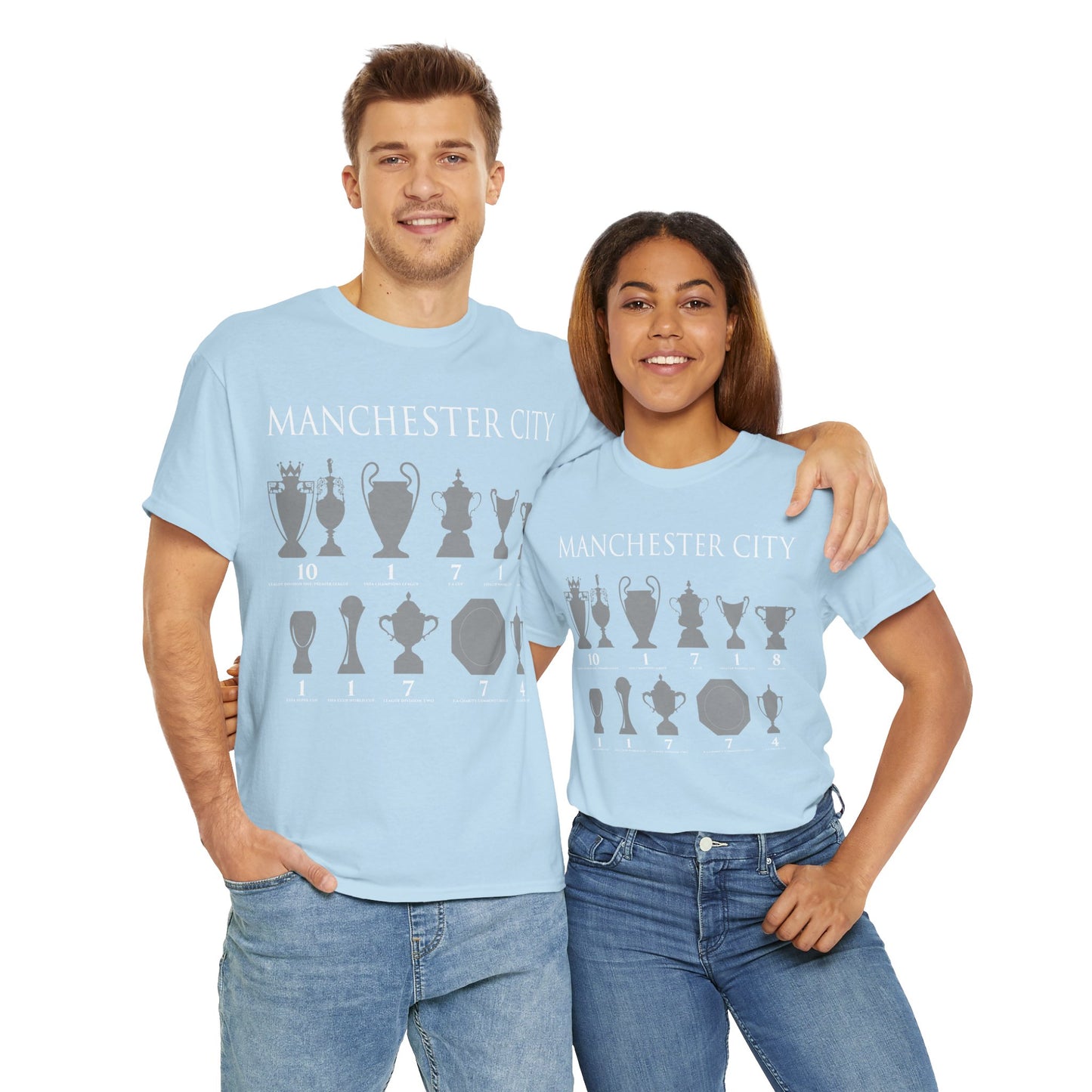 Manchester City Trophies Unisex Heavy Cotton T-Shirt - Light Blue/White/Black/Navy