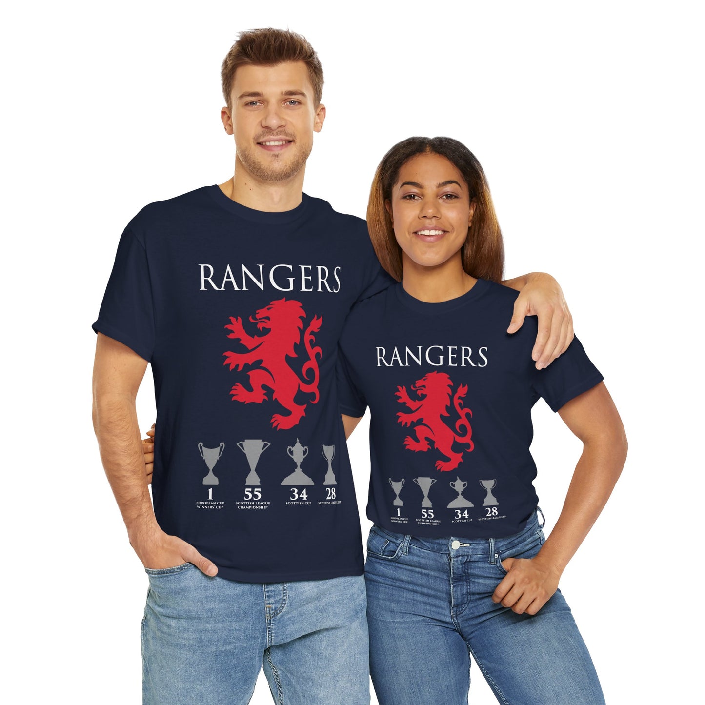 Rangers Lion & Trophies Unisex Heavy Cotton T-Shirt - Royal/White/Black/Sport Grey/Navy/Red