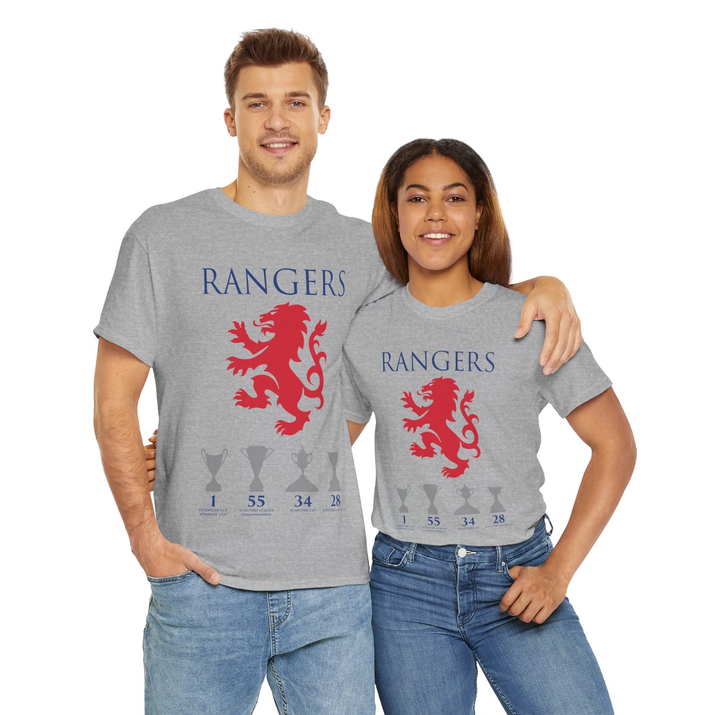 Rangers Lion & Trophies Unisex Heavy Cotton T-Shirt - Royal/White/Black/Sport Grey/Navy/Red