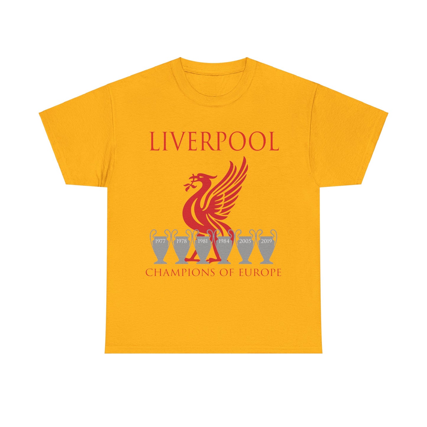 Liverpool Champions of Europe Unisex Heavy Cotton T-Shirt - Red/White/Black/Gold/Sport Grey/Charcoal