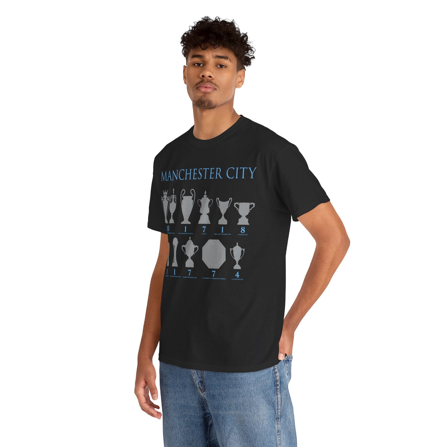 Manchester City Trophies Unisex Heavy Cotton T-Shirt - Light Blue/White/Black/Navy