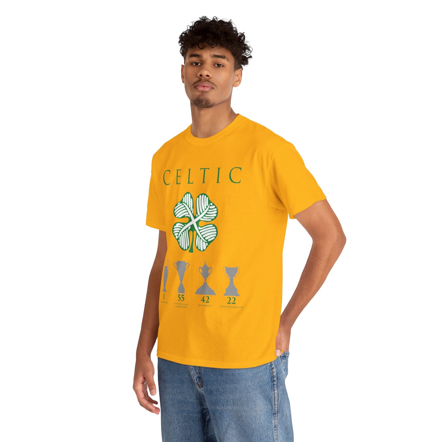 Celtic Clover & Trophies Unisex Heavy Cotton T-Shirt - Irish Green/Black/White/Gold/Sport Grey/Charcoal/Military Green/Forest Green