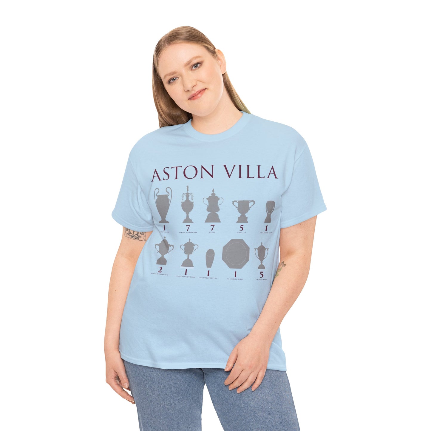 Aston Villa Trophies Unisex Heavy Cotton T-Shirt - Maroon/White/Light Blue