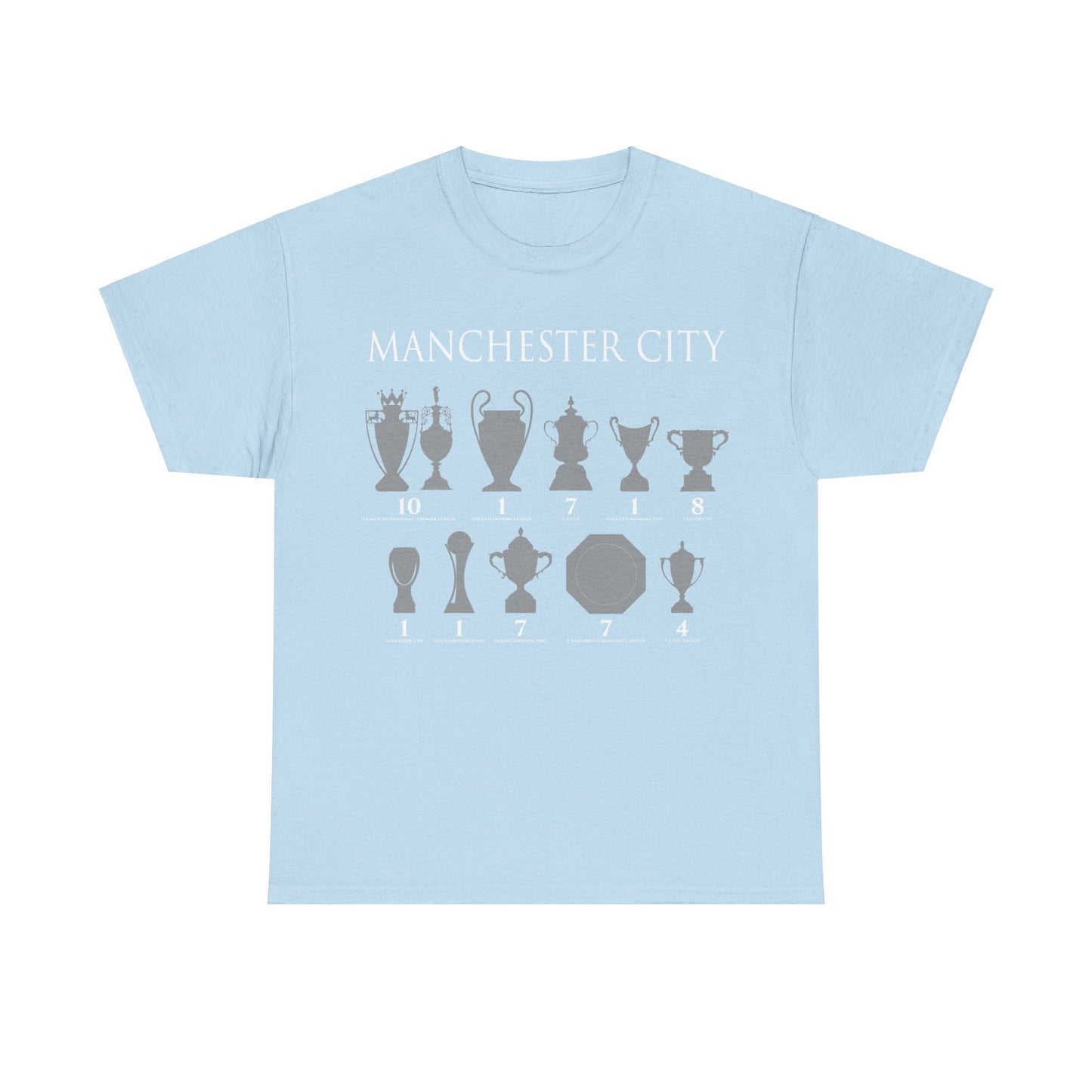 Manchester City Trophies Unisex Heavy Cotton T-Shirt - Light Blue/White/Black/Navy