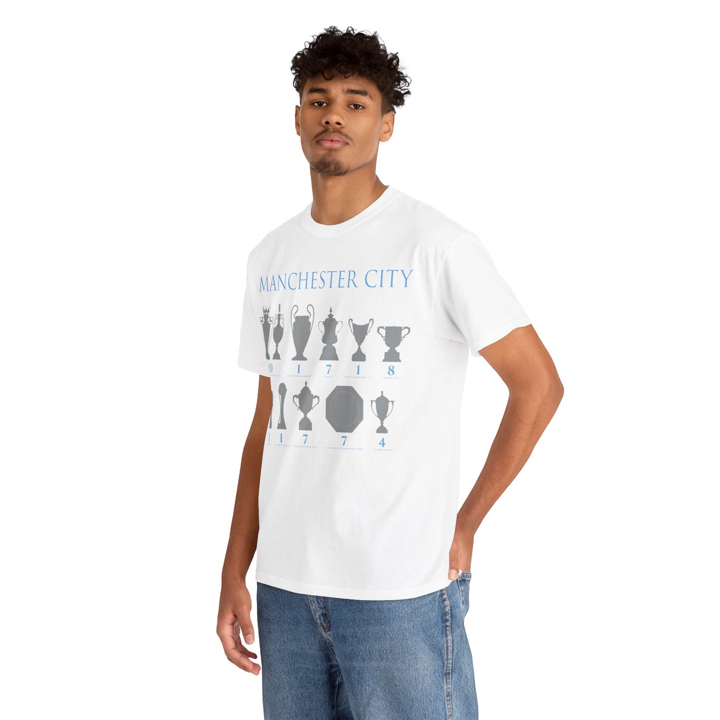 Manchester City Trophies Unisex Heavy Cotton T-Shirt - Light Blue/White/Black/Navy